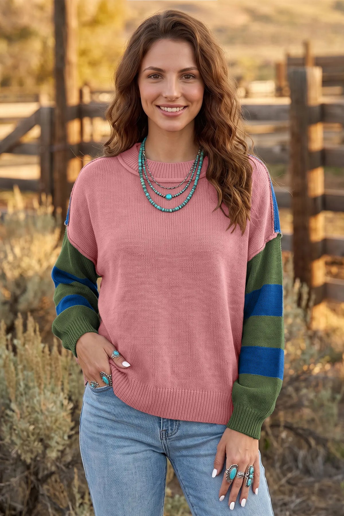 Western Colourblock Patchwork Striped Long Sleeve Pullover Sweater – Multicolour