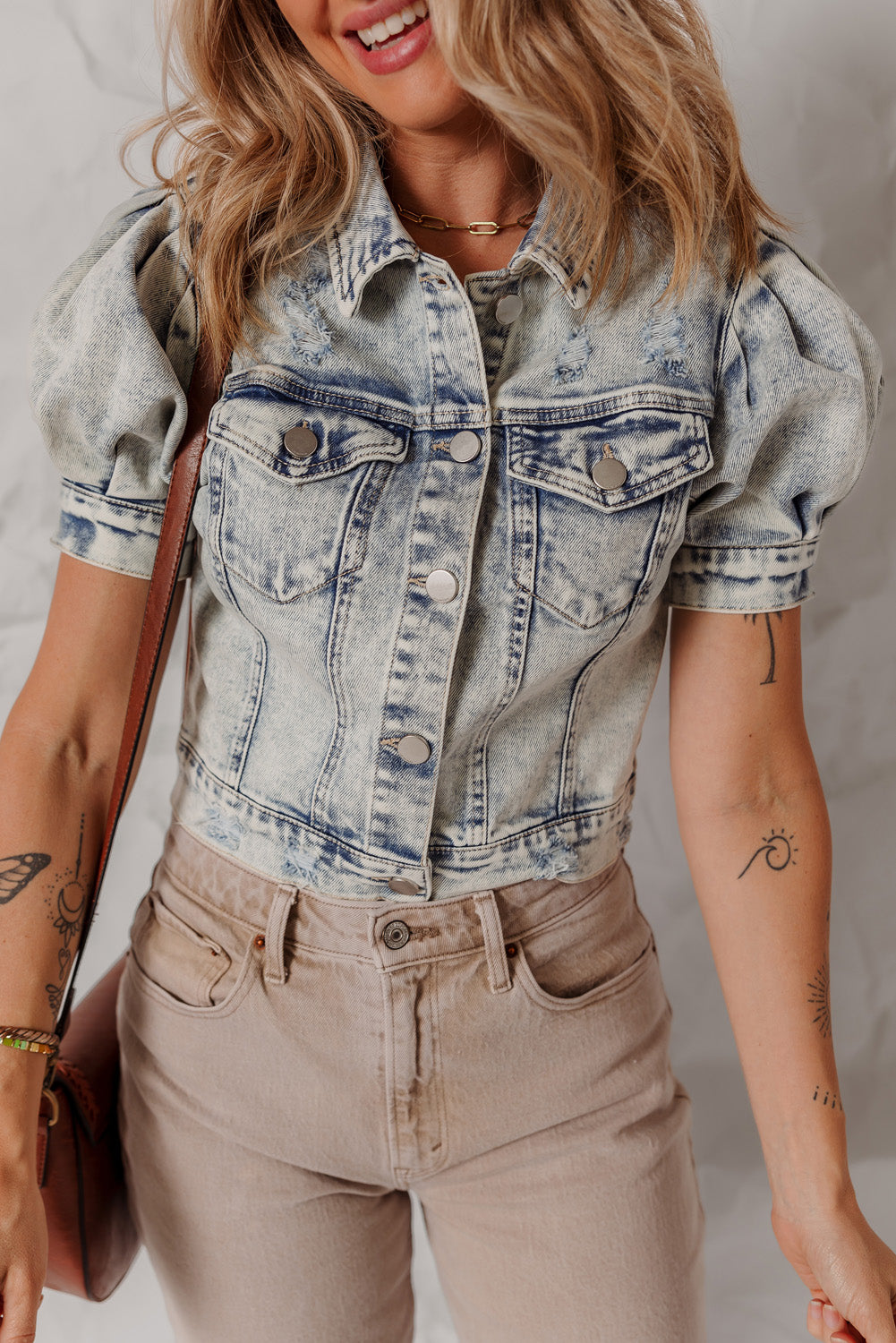 Beau Blue Light Wash Buttoned Chest Pocket Puff Sleeve Denim Jacket eAura
