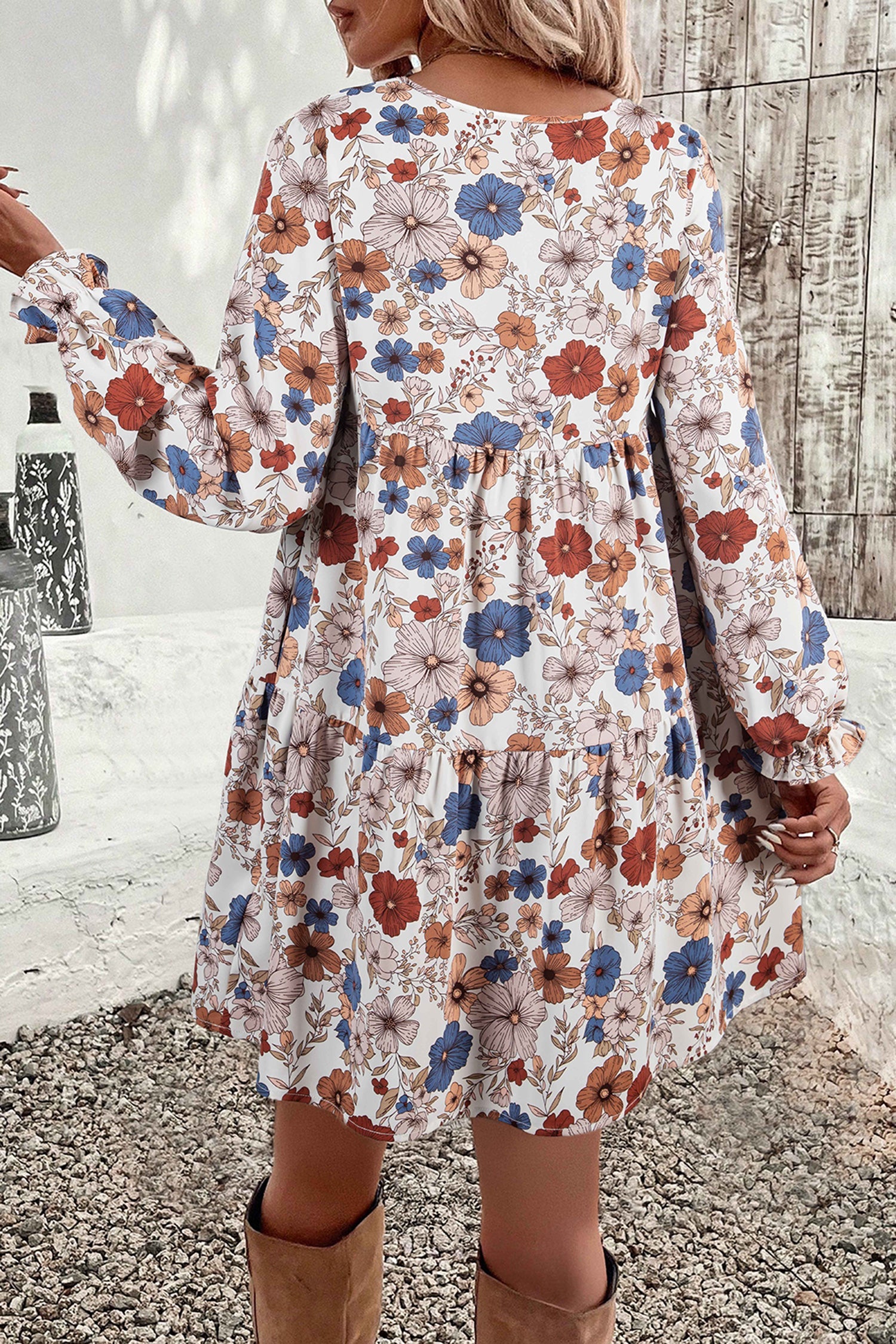 Tiered Floral Round Neck Ruffled Long Sleeve Dress - eAura