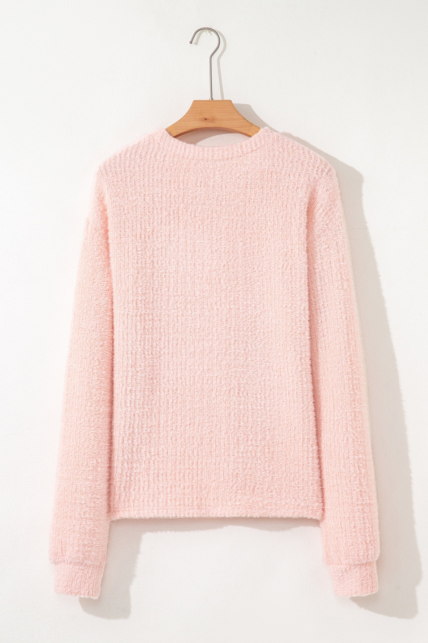 Fuzzy Ribbed Texture Round Neck Long Sleeve Top - eAura