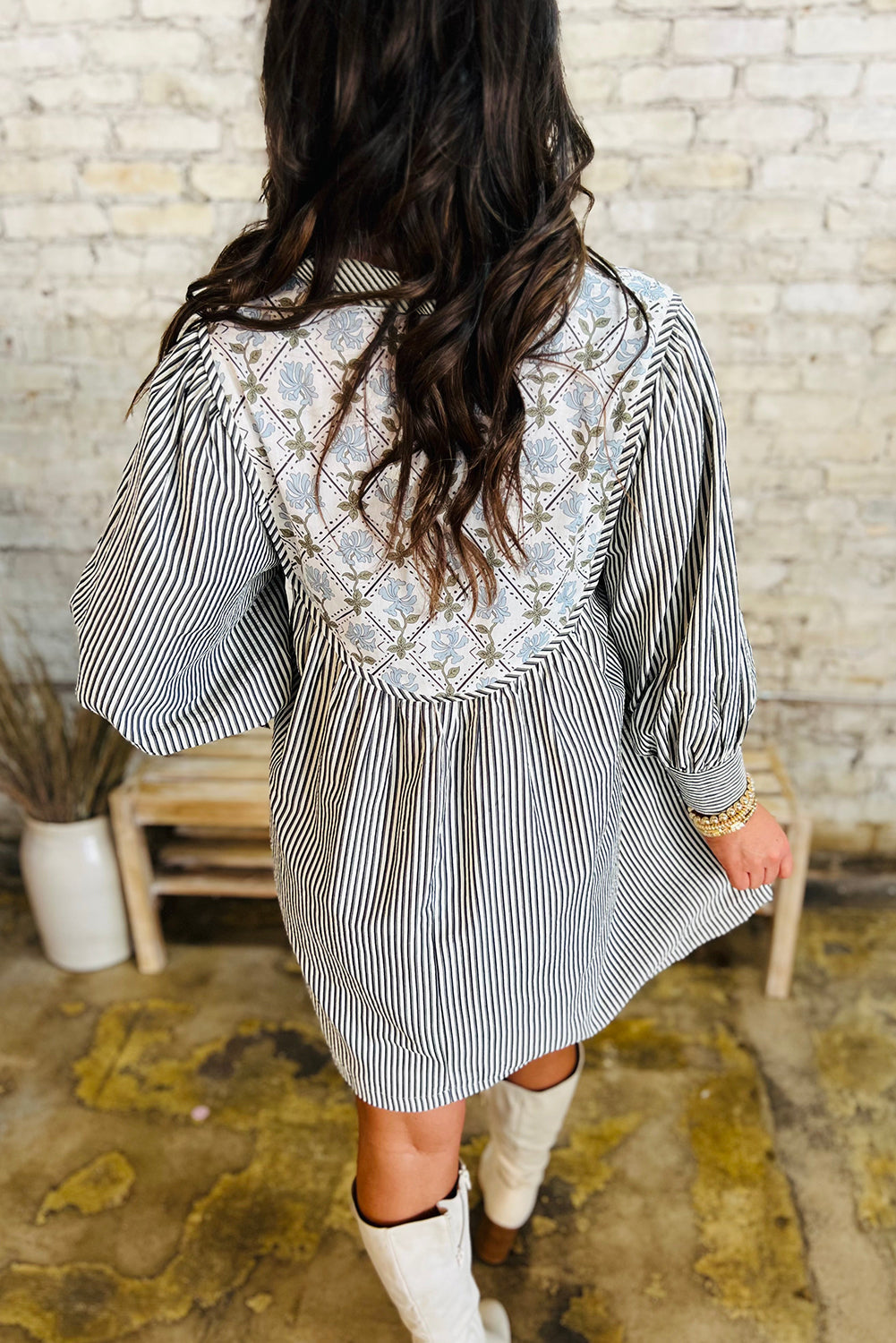 Black Stripe Floral Patchwork Tied V Neck Shift Long Sleeve Mini Dress eAura