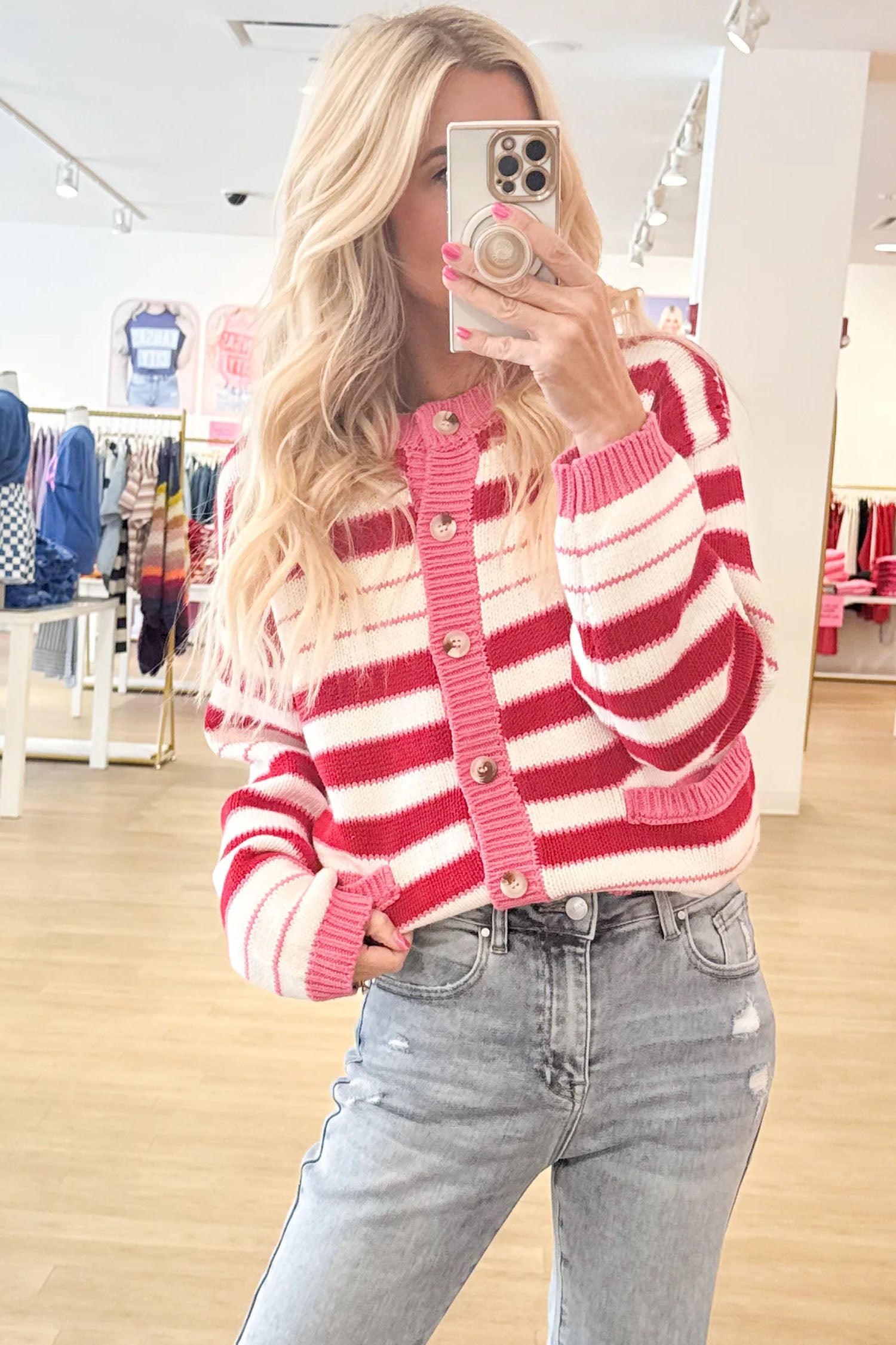 V Neck Long Sleeve Regular Fit Cardigan – Red Stripe