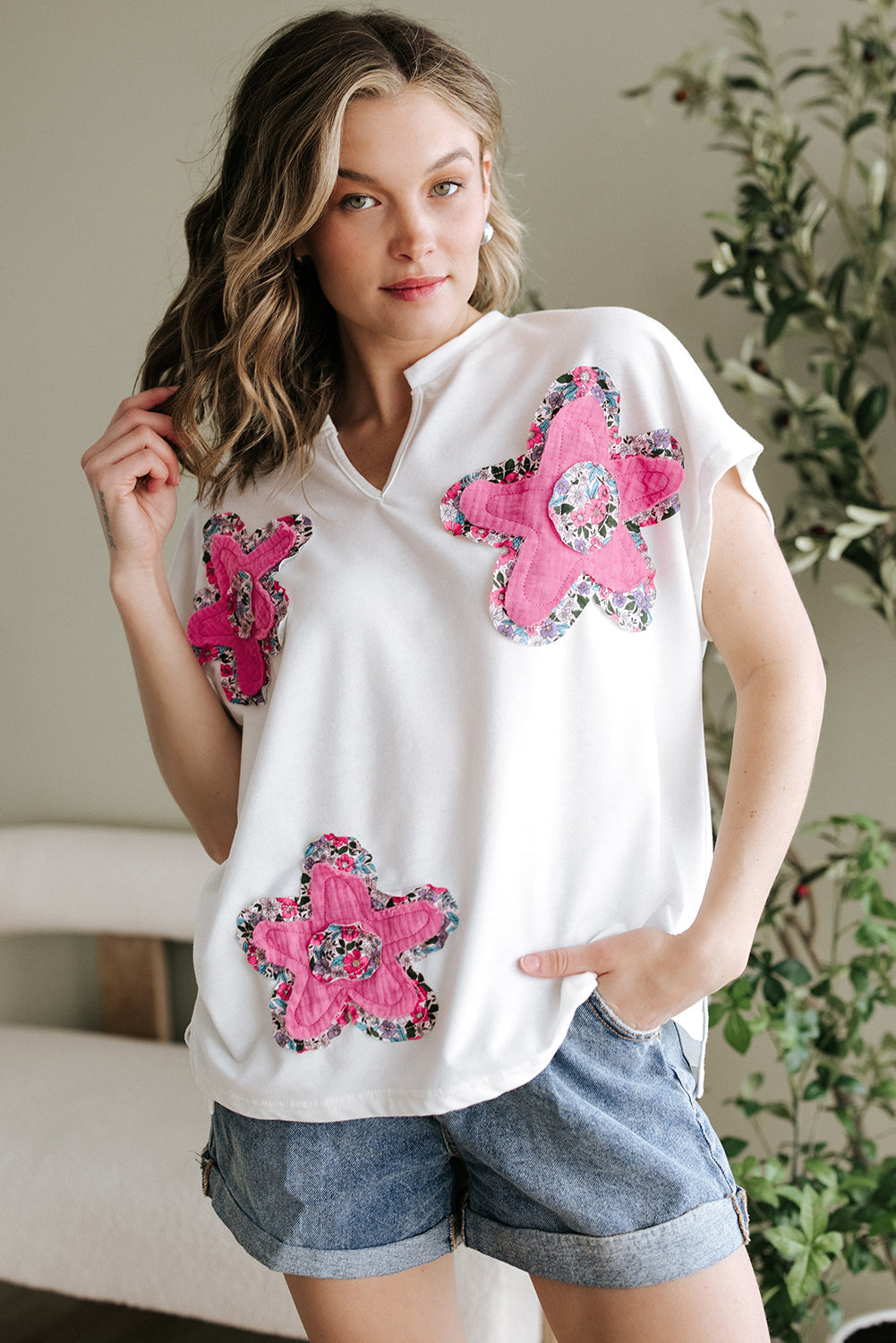 White Floral Applique Notched V Neck Dolman Sleeve Top eAura