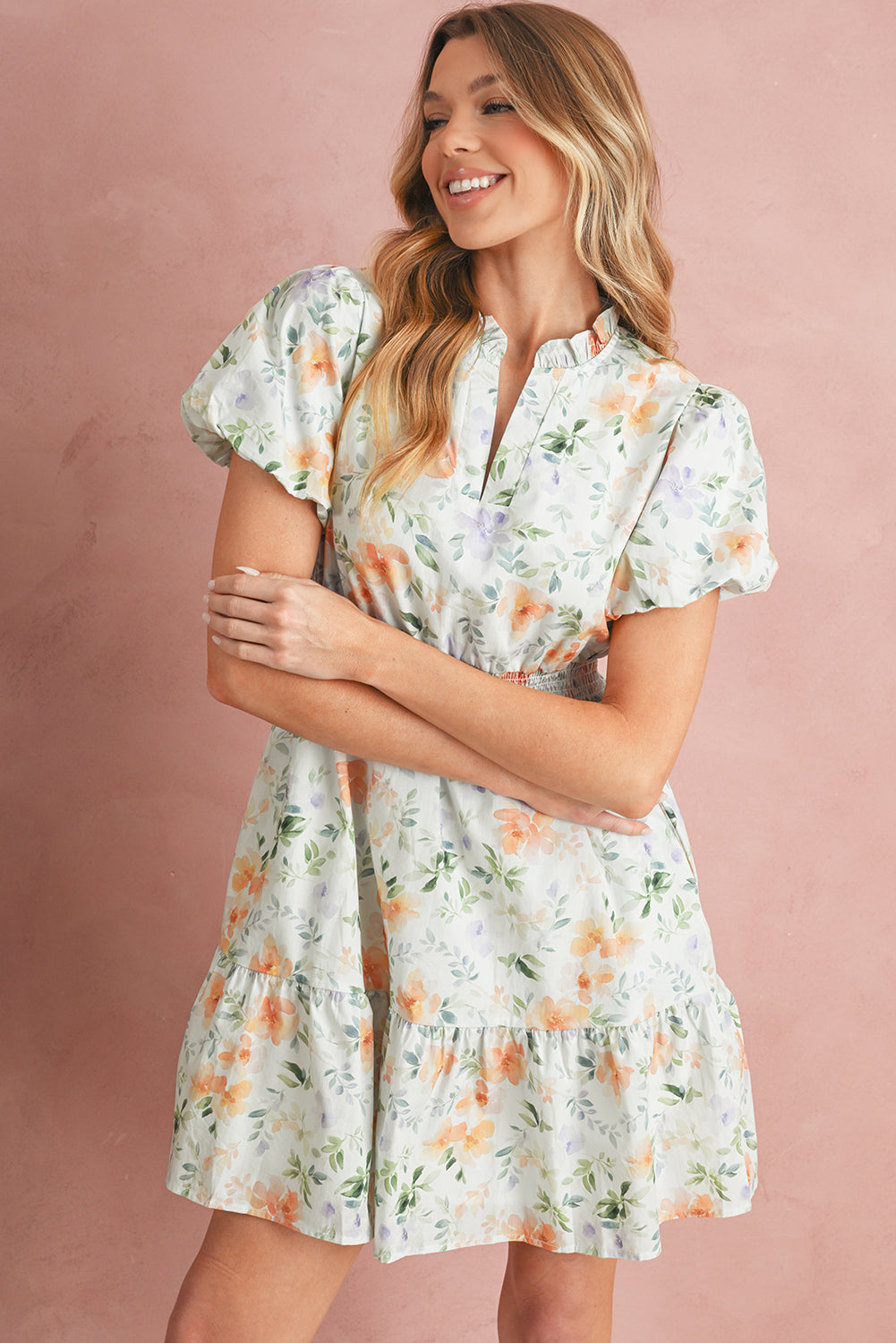 Floral Print Smocked Puff Sleeve Mini Dress