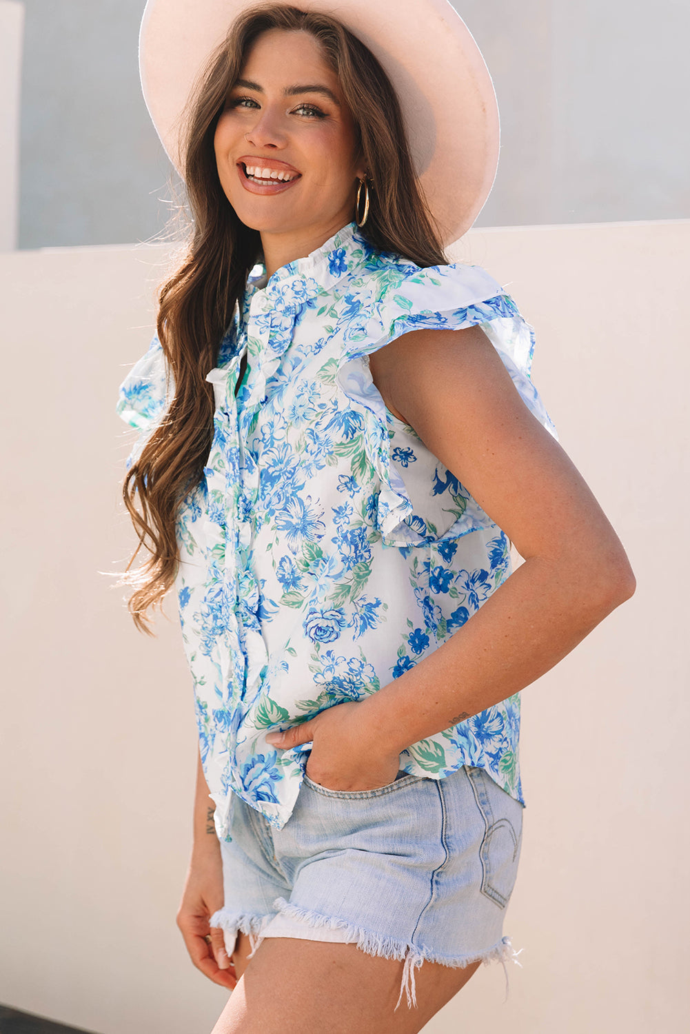 Sky Blue Floral Print Ruffle Sleeve Frilly Button Up Shirt eAura