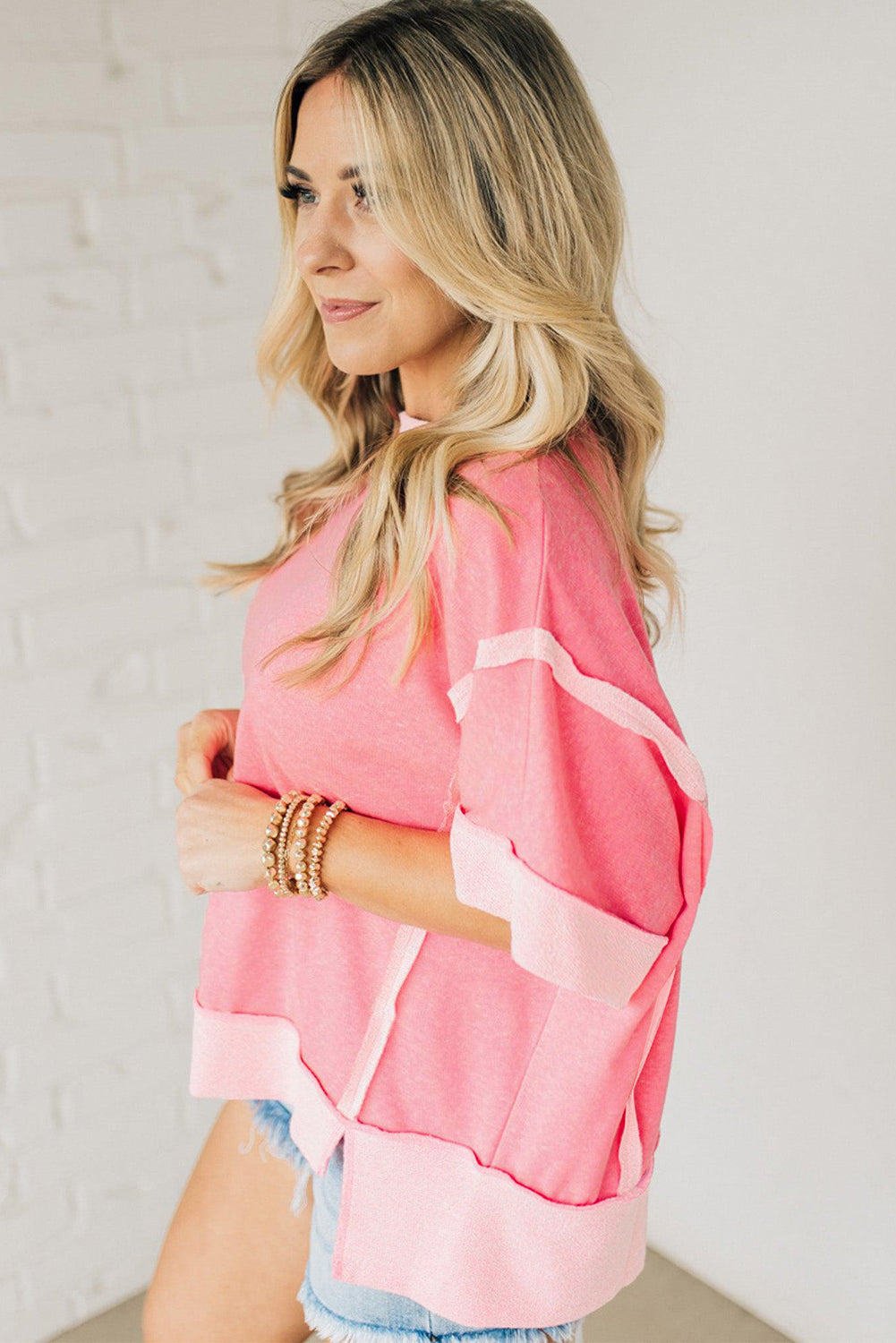 Peach Blossom Half Sleeve Raw Seam High Low Side Split Top - eAura