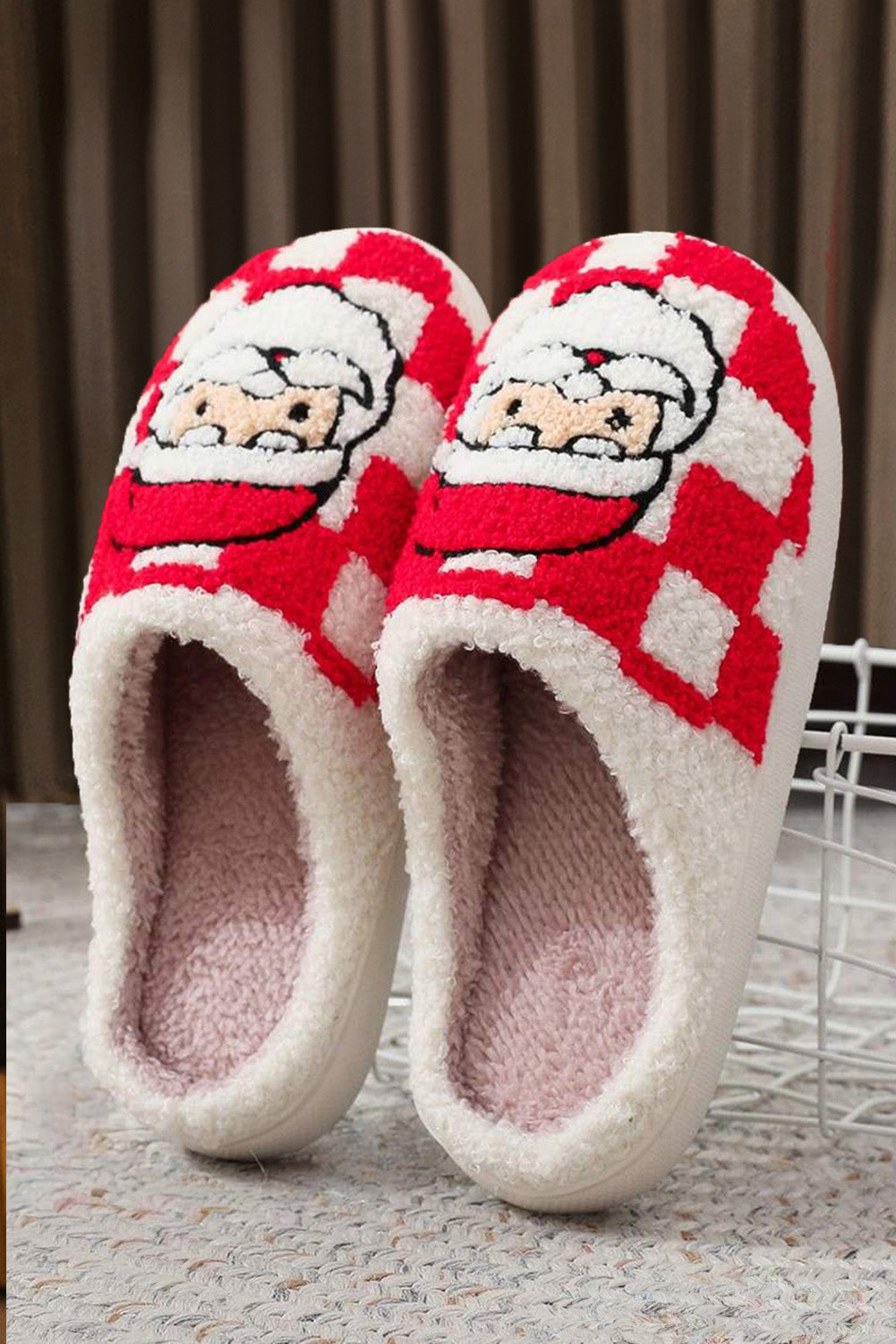 Checkered Santa Claus Graphic Plush Home Slippers - eAura