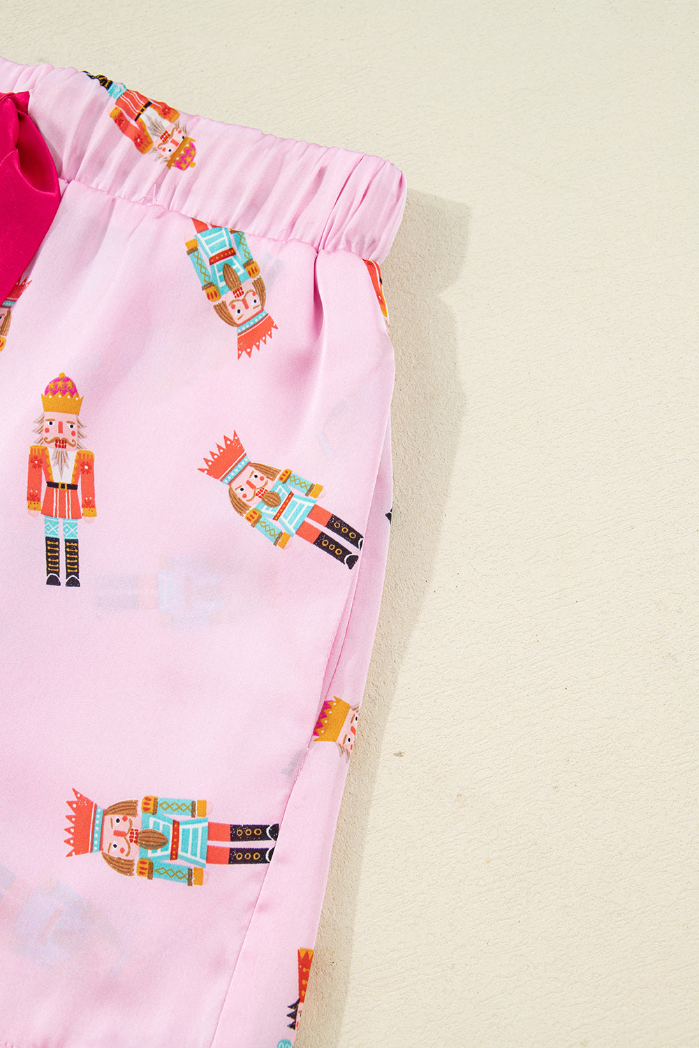 Nutcracker Print Contrast Trim Tied up Bow Silky 2pcs Pajama Set - eAura