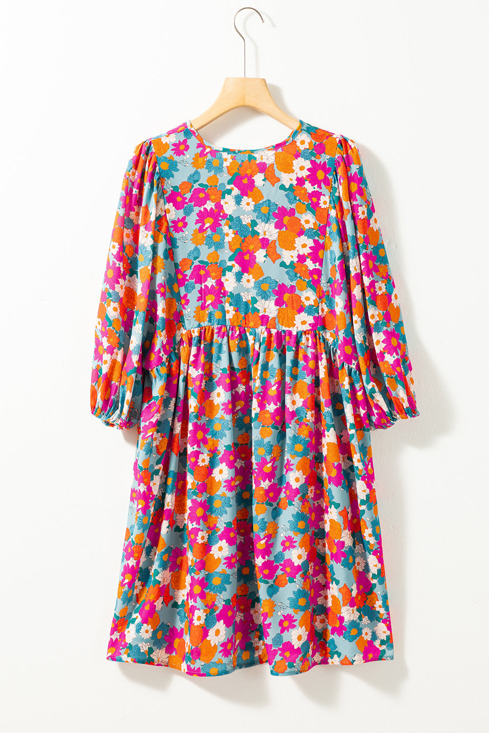 Sky Blue Floral Print Tie Split Neck Bubble Sleeve Babydoll Dress eAura