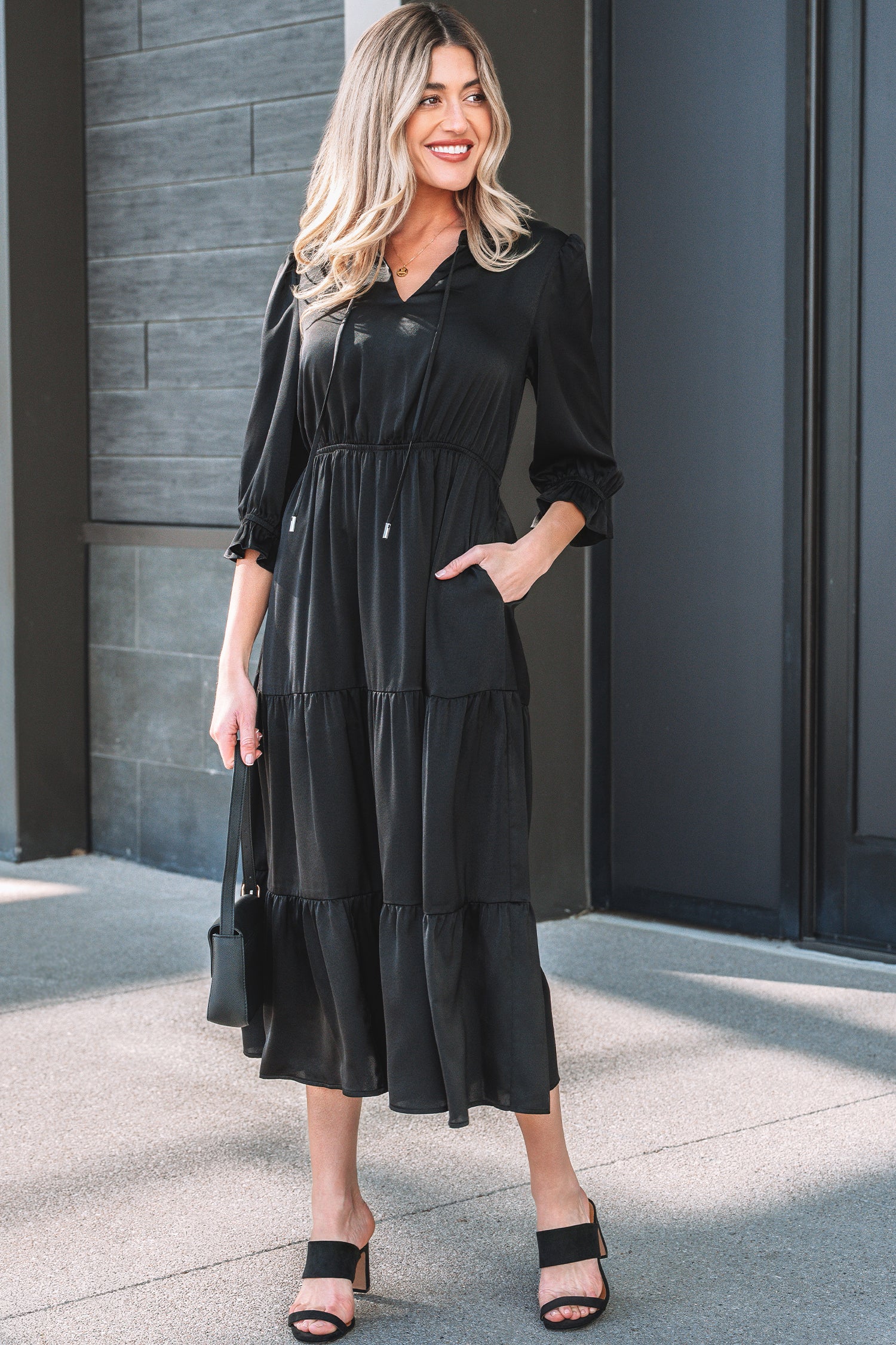 Bracelet Sleeve V-Neck Tiered Maxi Dress