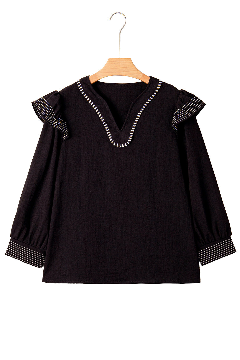 Black Contrast Stitched Detail V Neck Ruffle Long Sleeve Blouse - eAura