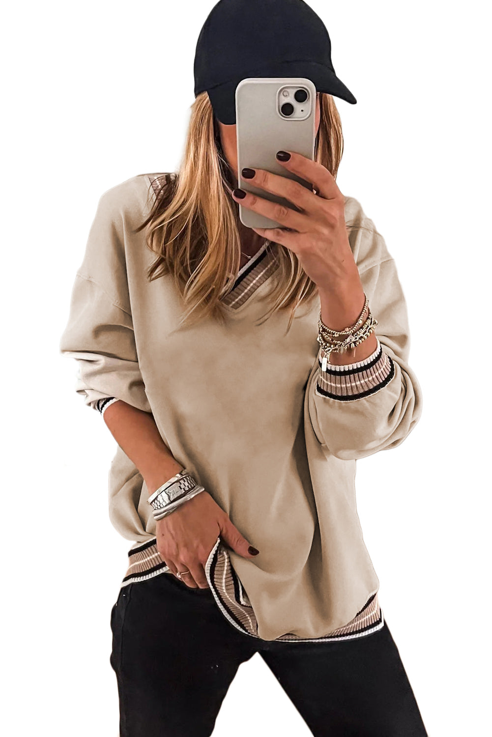 Varsity Contrast Trim V-Neck Sweatshirt - Tops/Sweatshirts & Hoodies