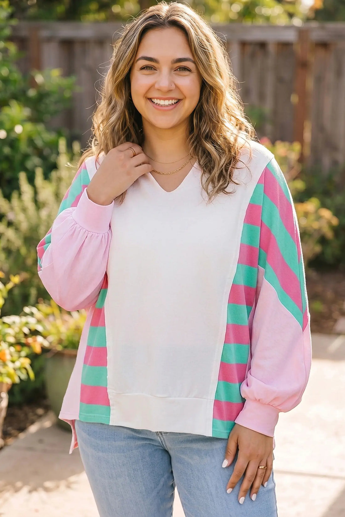 Striped Colourblock V Neck Shift Long Sleeve Plus Size Blouse – White