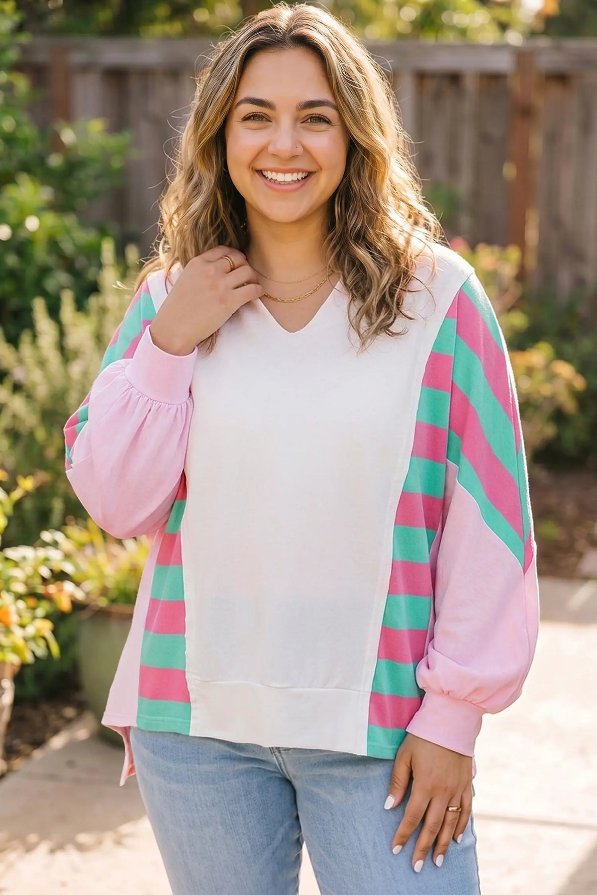 Striped Colourblock V Neck Shift Long Sleeve Plus Size Blouse – White