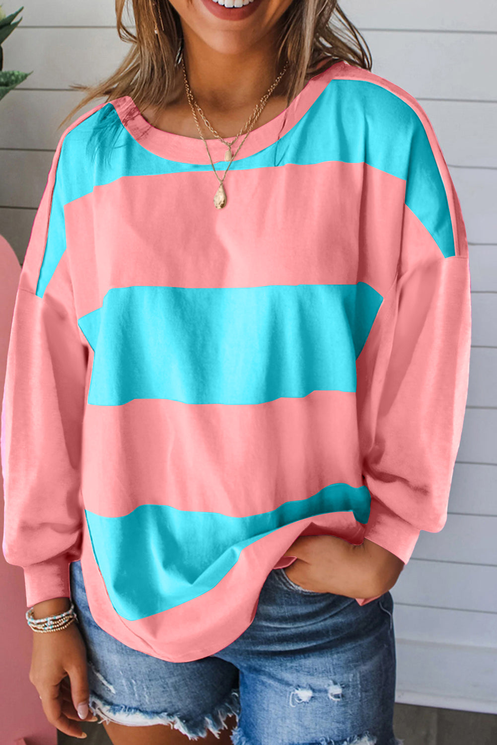 Light Blue Colourblock Striped Drop Shoulder Loose Top eAura