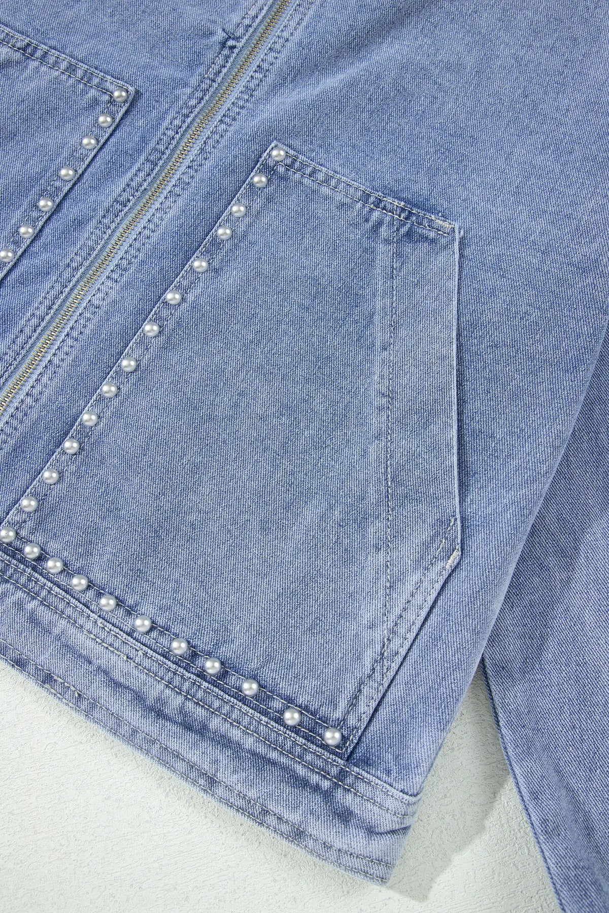 Beau Blue Studded Metal Zipper Rivet Pockets Long Sleeve Denim Jacket
