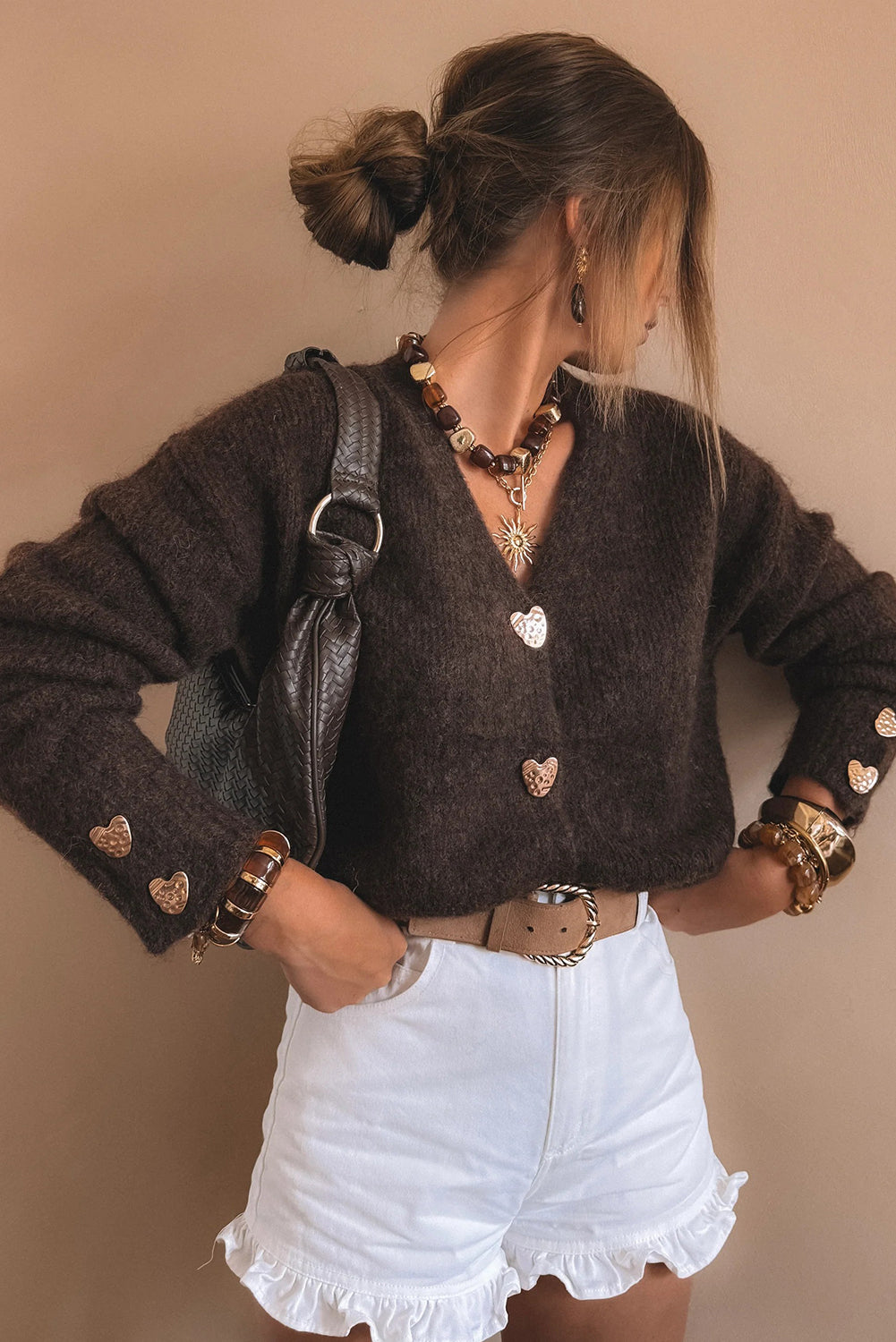 Heart Metal Button V-Neck Cardigan
