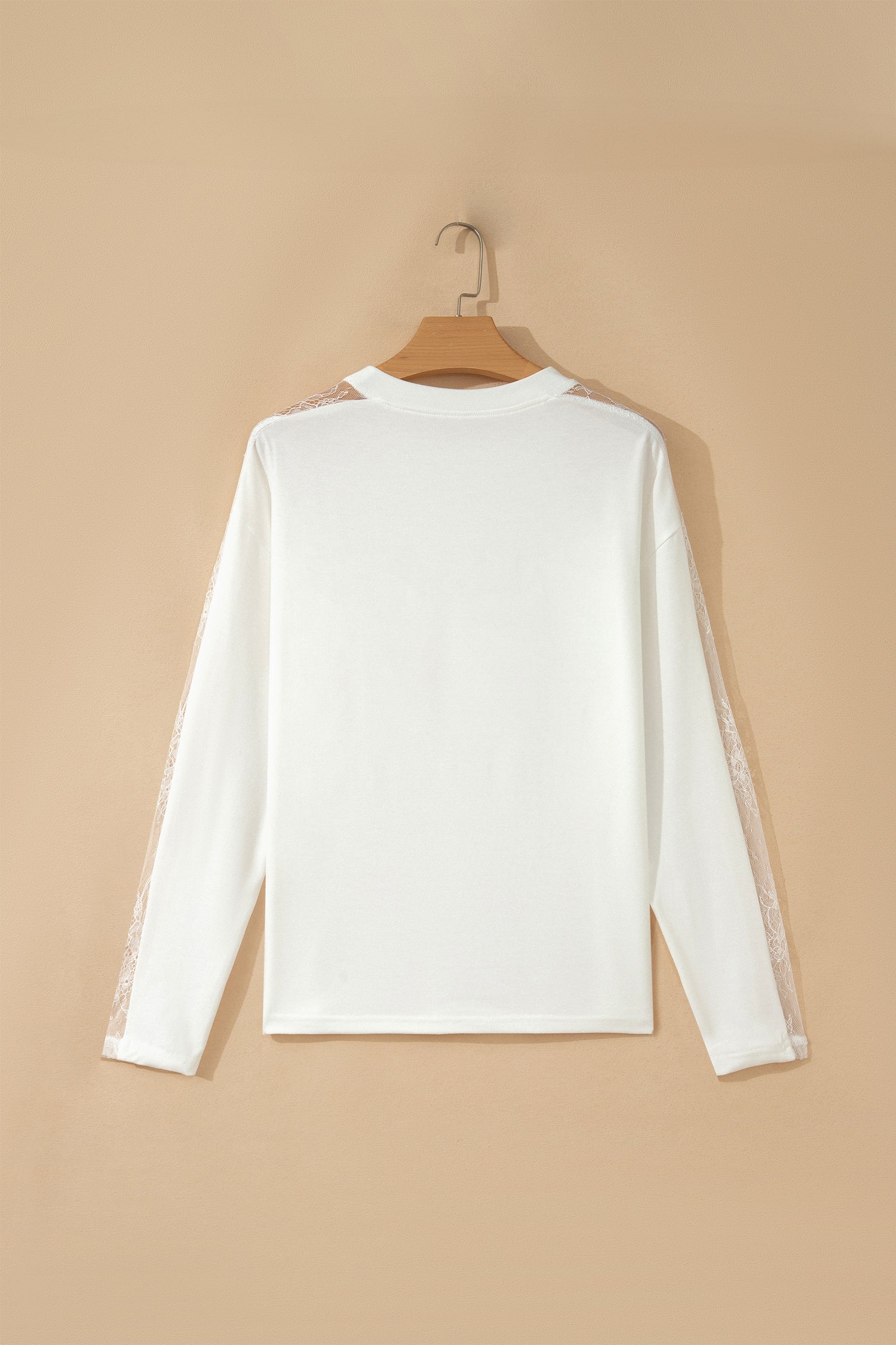 Lace Patchwork Round Neck Long Sleeve Top – White