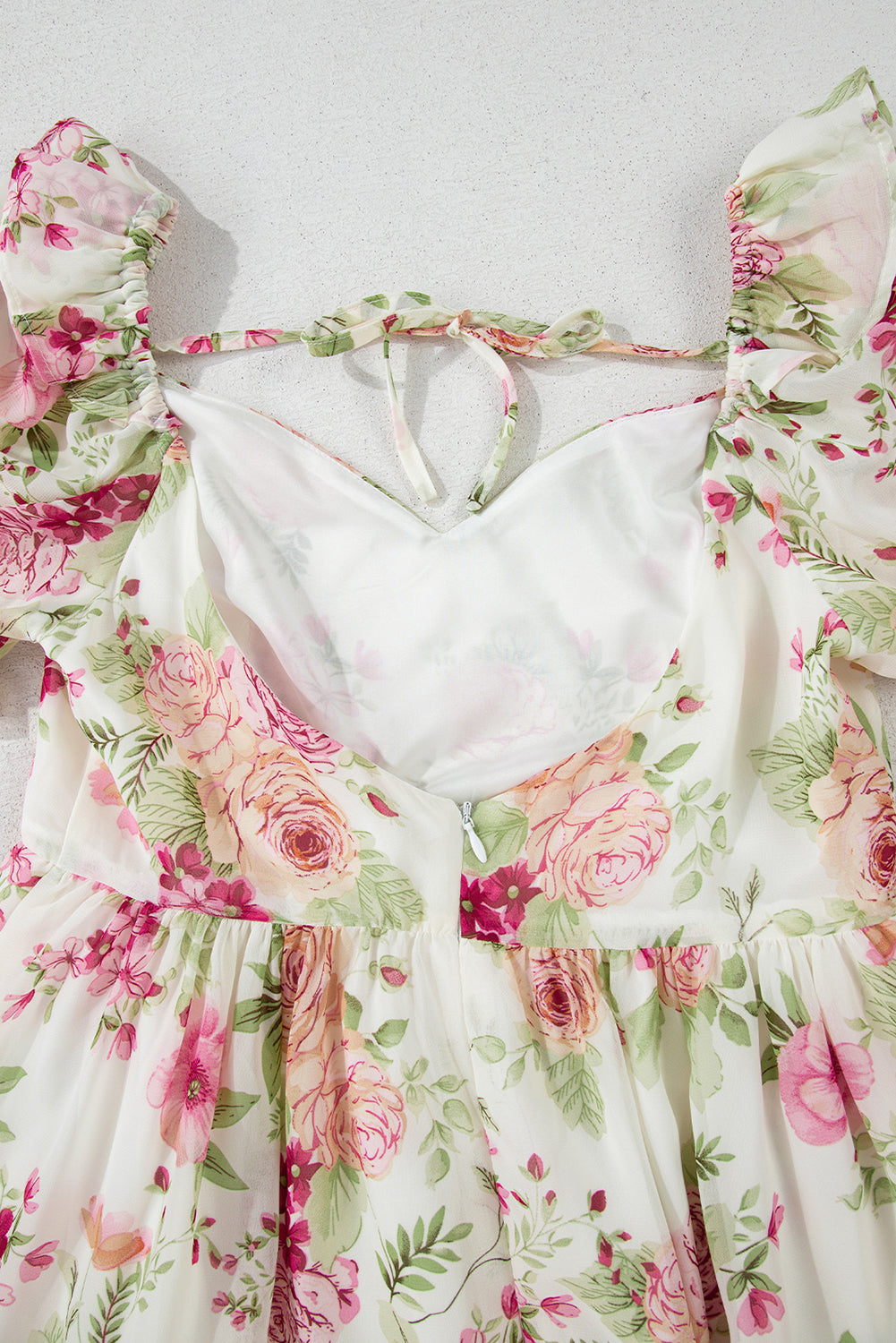White Vibrant Floral Bubble Sleeve Sweetheart Neck Ruffle Mini Dress eAura