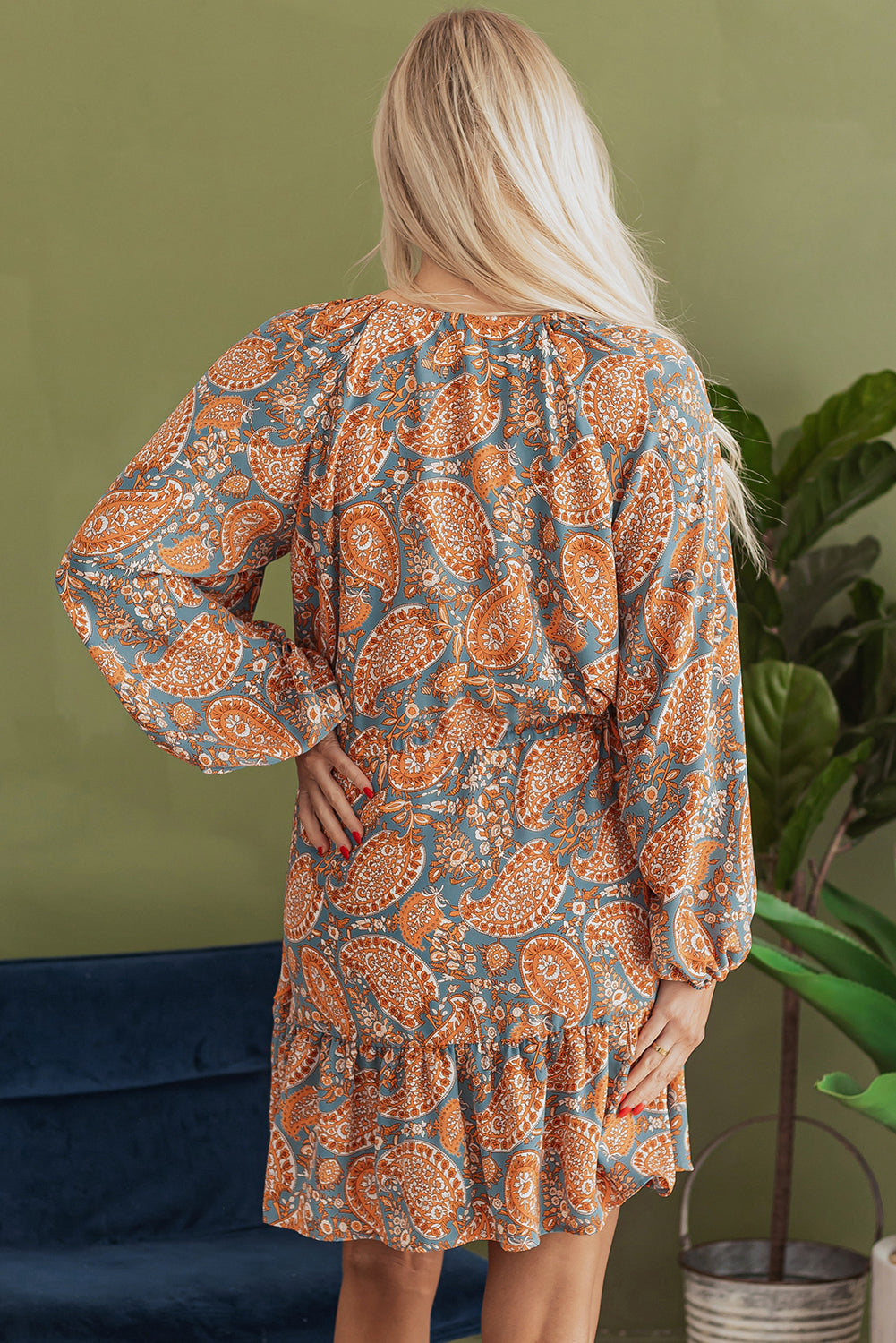Orange Paisley Print Loose Fit Drawstring High Waist Mini Dress eAura