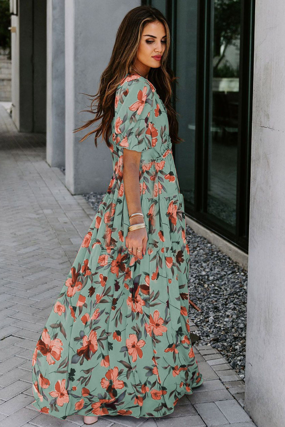 Floral Print Frilled V-Neck Short Sleeve Maxi Dress