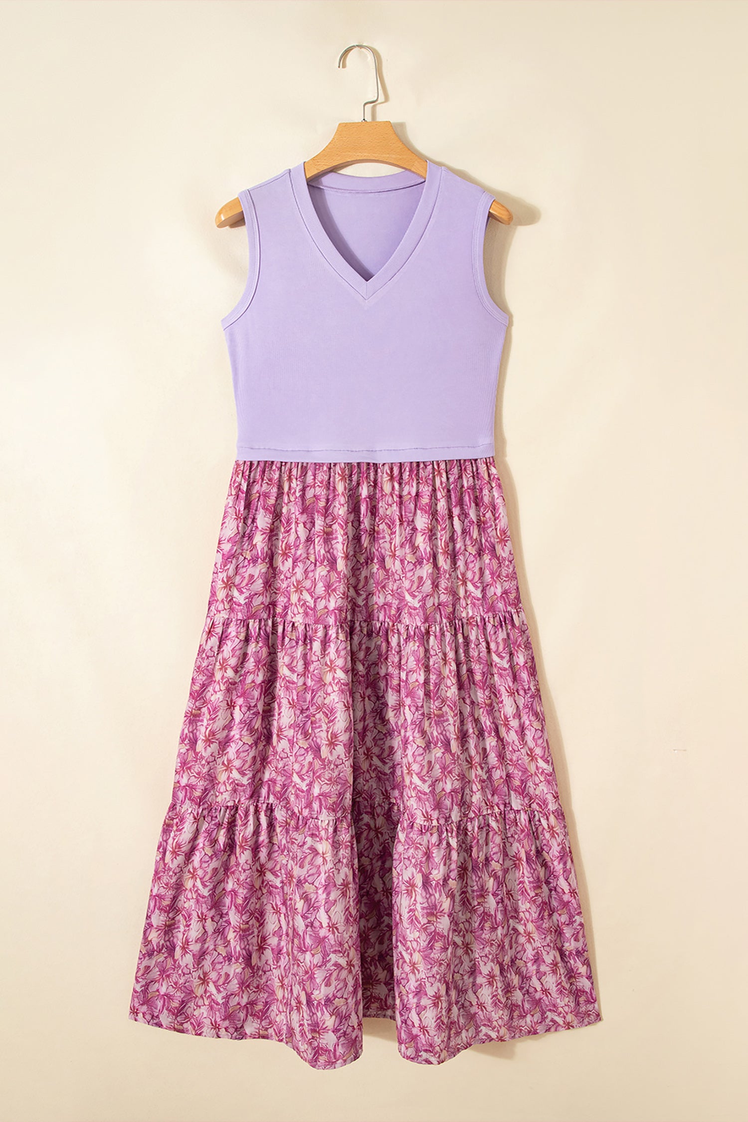 Ribbed V Neck Tank Floral Contrast Patchwork Long Dress – Purple