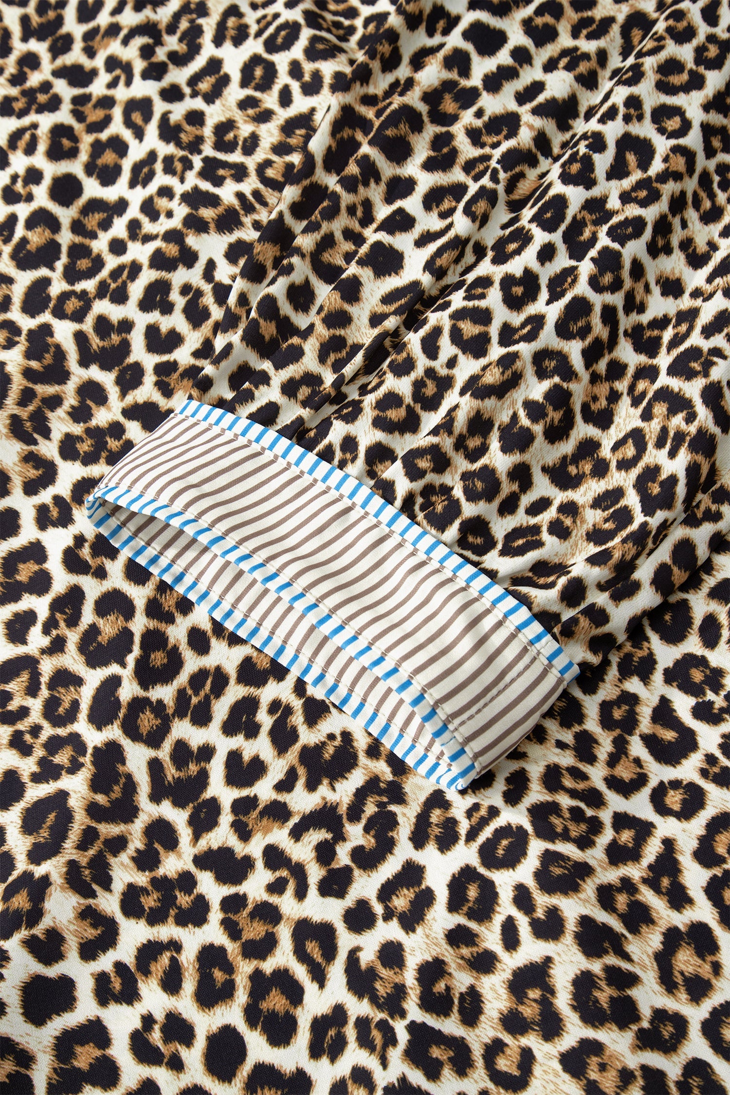 Plus Size Leopard Print Striped Trim V-Neck Drop Waist Long Sleeve Mini Dress - eAura