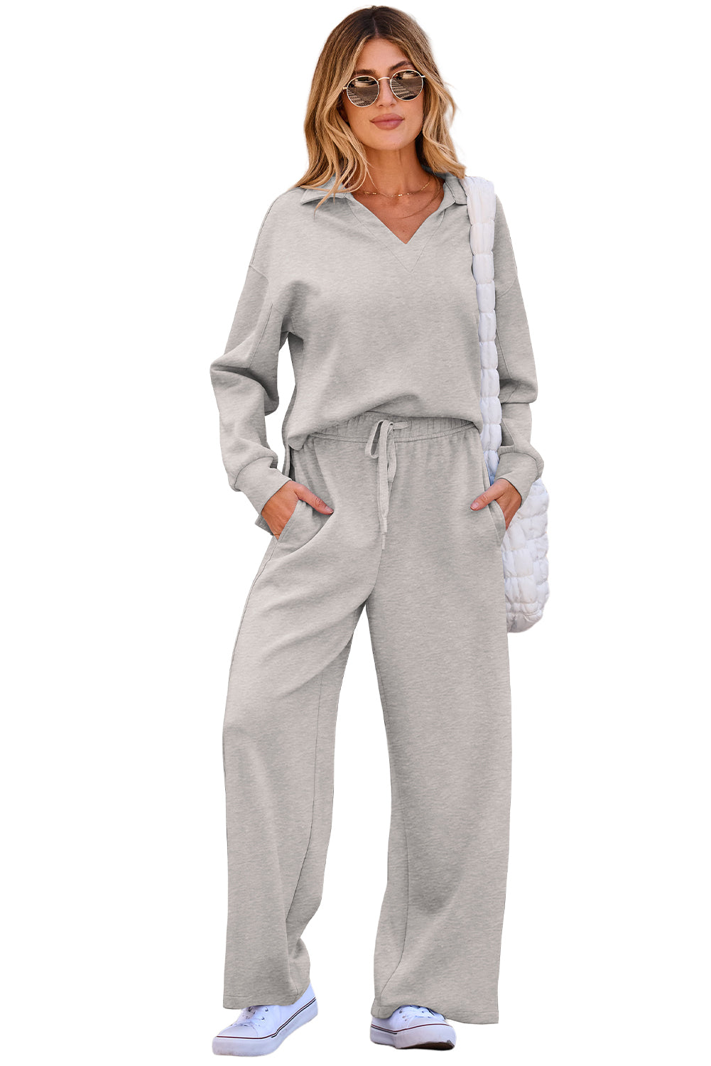 Solid Color V Neck Top and High Waist Pants Set – Gray