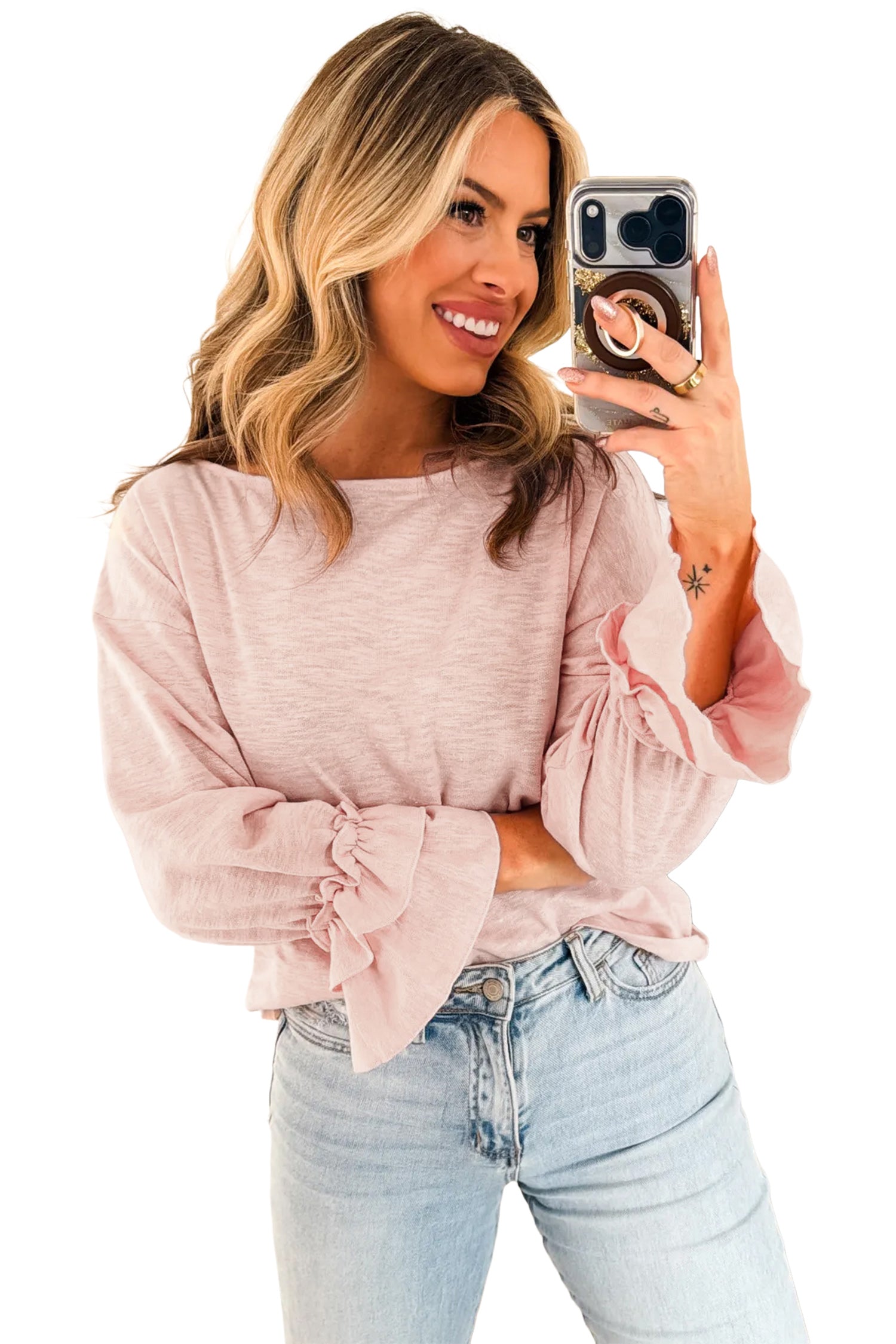 Gossamer Pink Long Sleeve Ruffle Cuff Casual Elegant Top – Light Pink