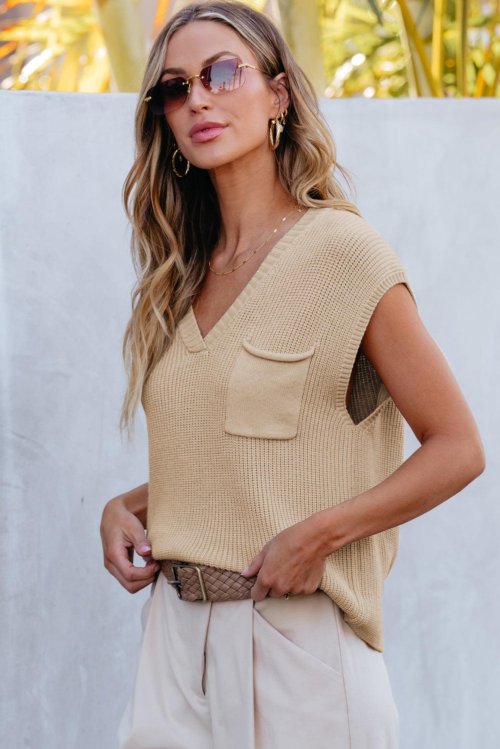 Apricot Chest Pocket V Neck Ribbed Cap Sleeve Sweater eAura