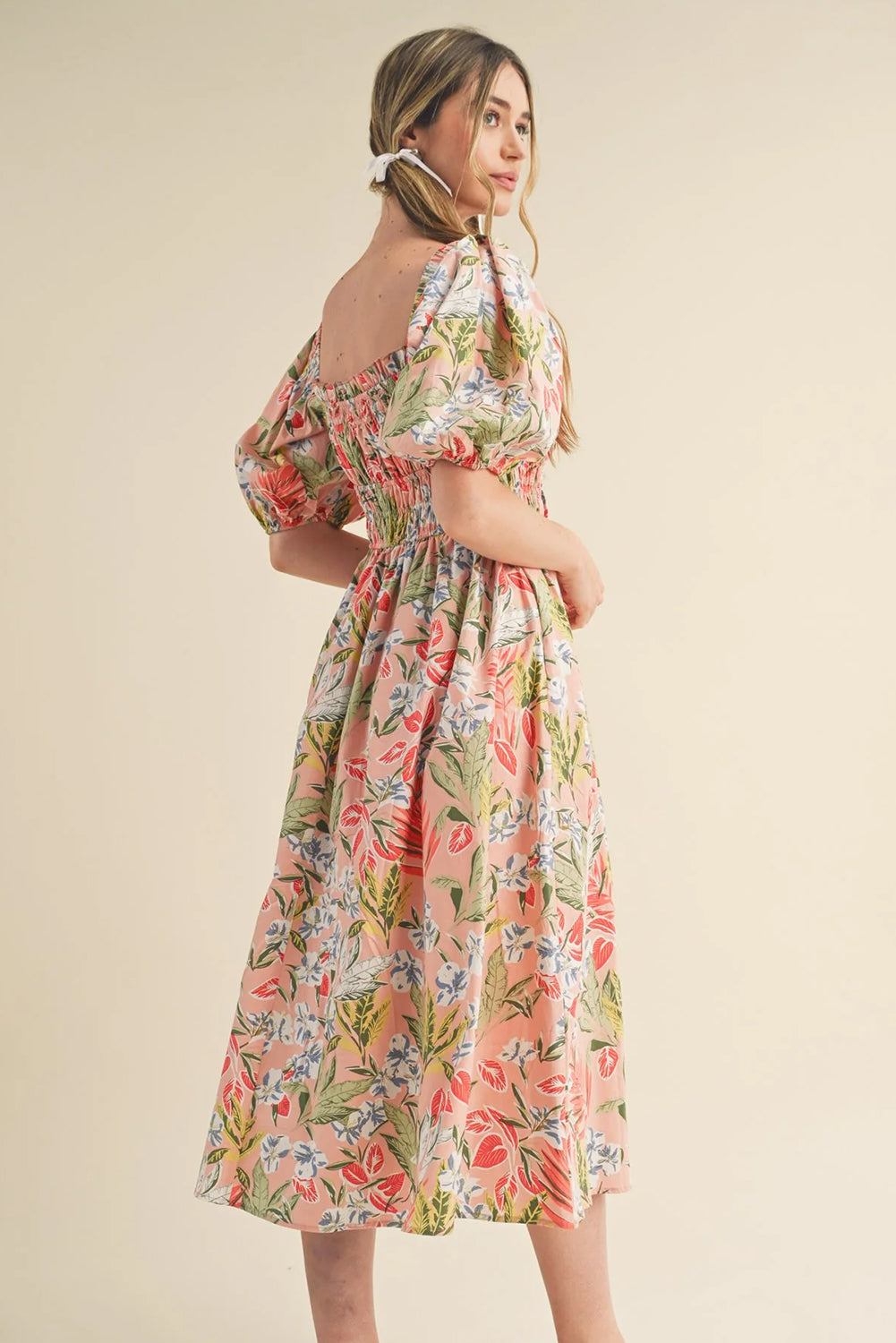 Apricot Pink Floral Smocked Bust Bubble Short Sleeve Maxi Dress eAura