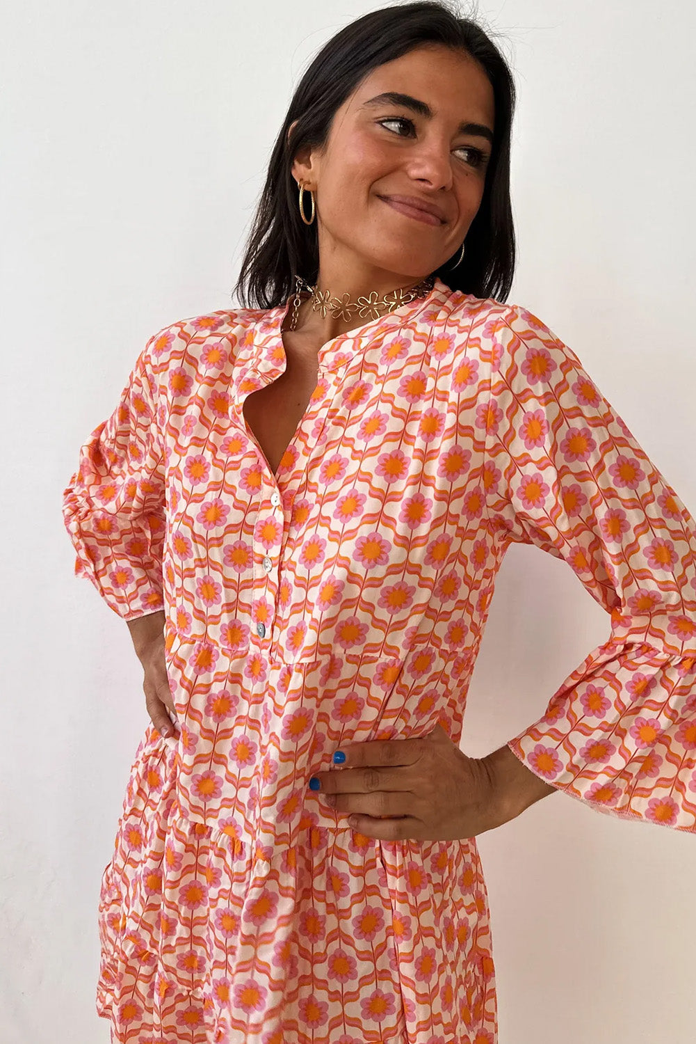 Orange Floral Print Flounce Sleeve Buttoned Front Mini Dress eAura