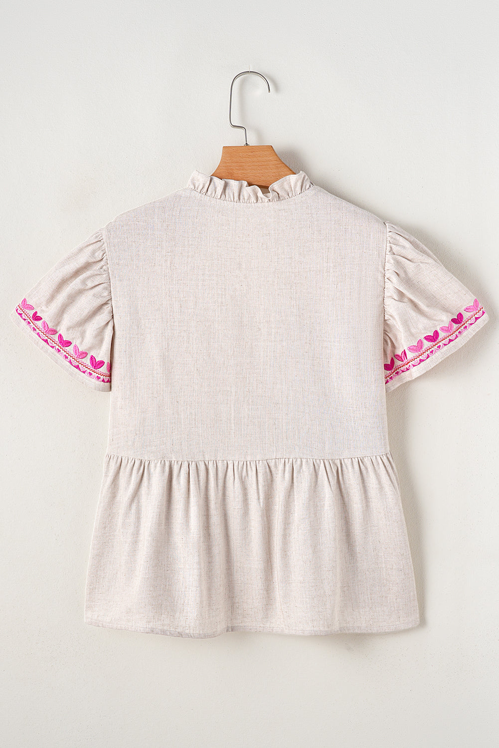 Beige Floral Embroidered Short Sleeve Notched V Neck Blouse eAura