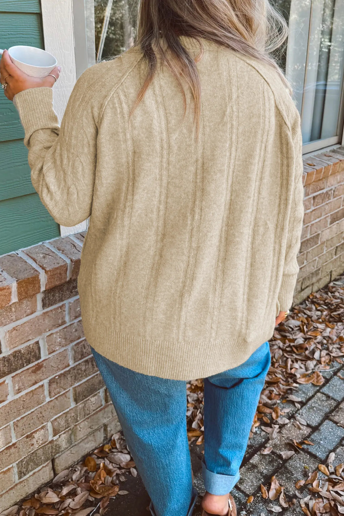 Oversized Cable Knit Long Sleeve Round Neck Tunic Length Plus Size Sweater – Parchment