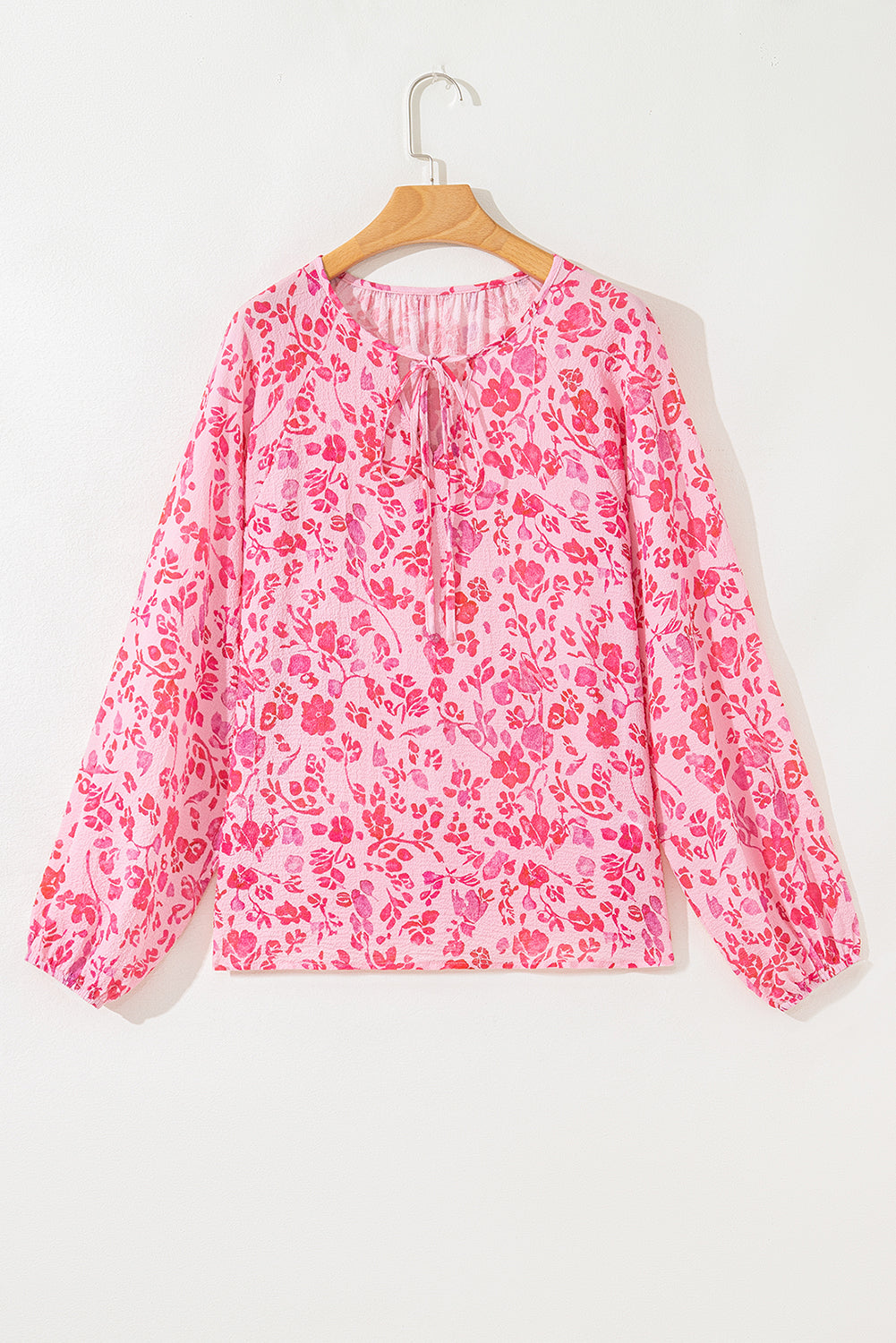 Pink Floral Puff Sleeve Split Neck Lightweight Blouse - eAura