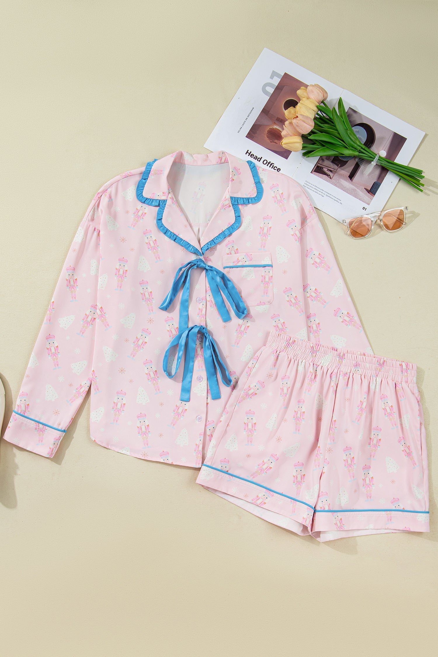 Bow Tie Front Christmas Nutcracker Long Sleeve Shirt Shorts Pajama Set - Loungewear & Sleepwear/Sleepwear