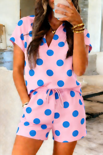 Polka Dot Print V Neck Tee Short Set – Pink