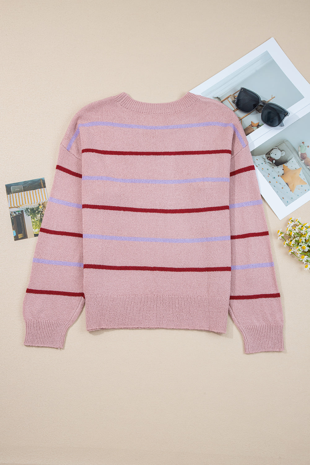 Striped Ribbed Edge Drop Shoulder Sweater eAura