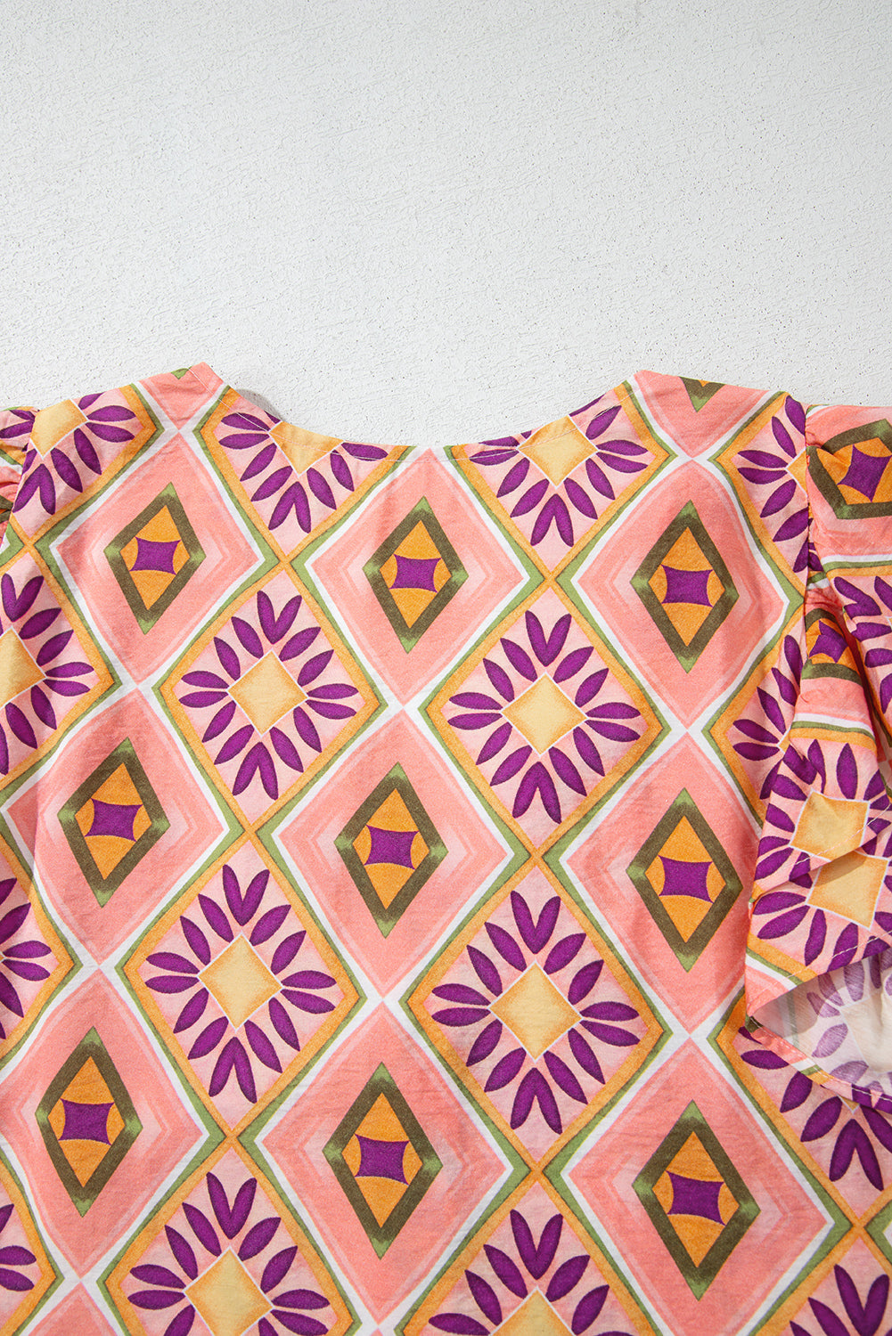 Orange Geometric Floral V Neck Buttoned Ruffled Sleeve Mini Dress eAura