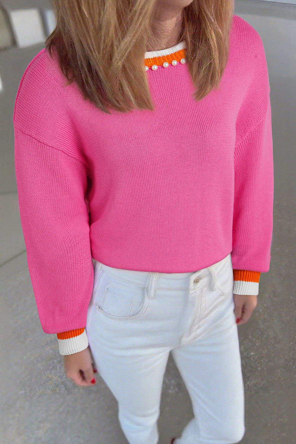 Contrast Crew Neck Pearled Decor Knit Sweater - eAura