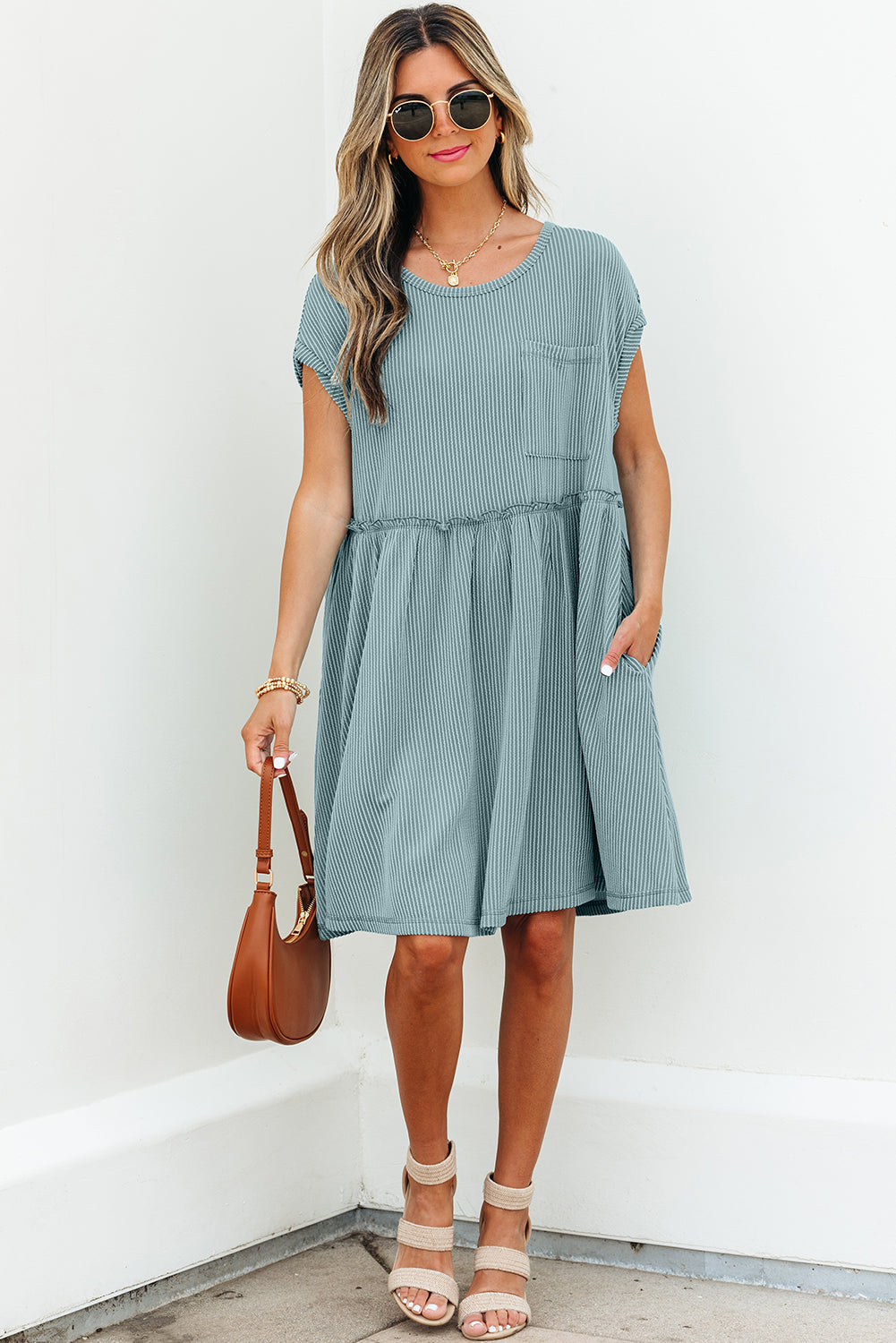 Canton Ribbed Knit Textured Patched Pocket Frilled Swing Mini Dress with Pockets eAura