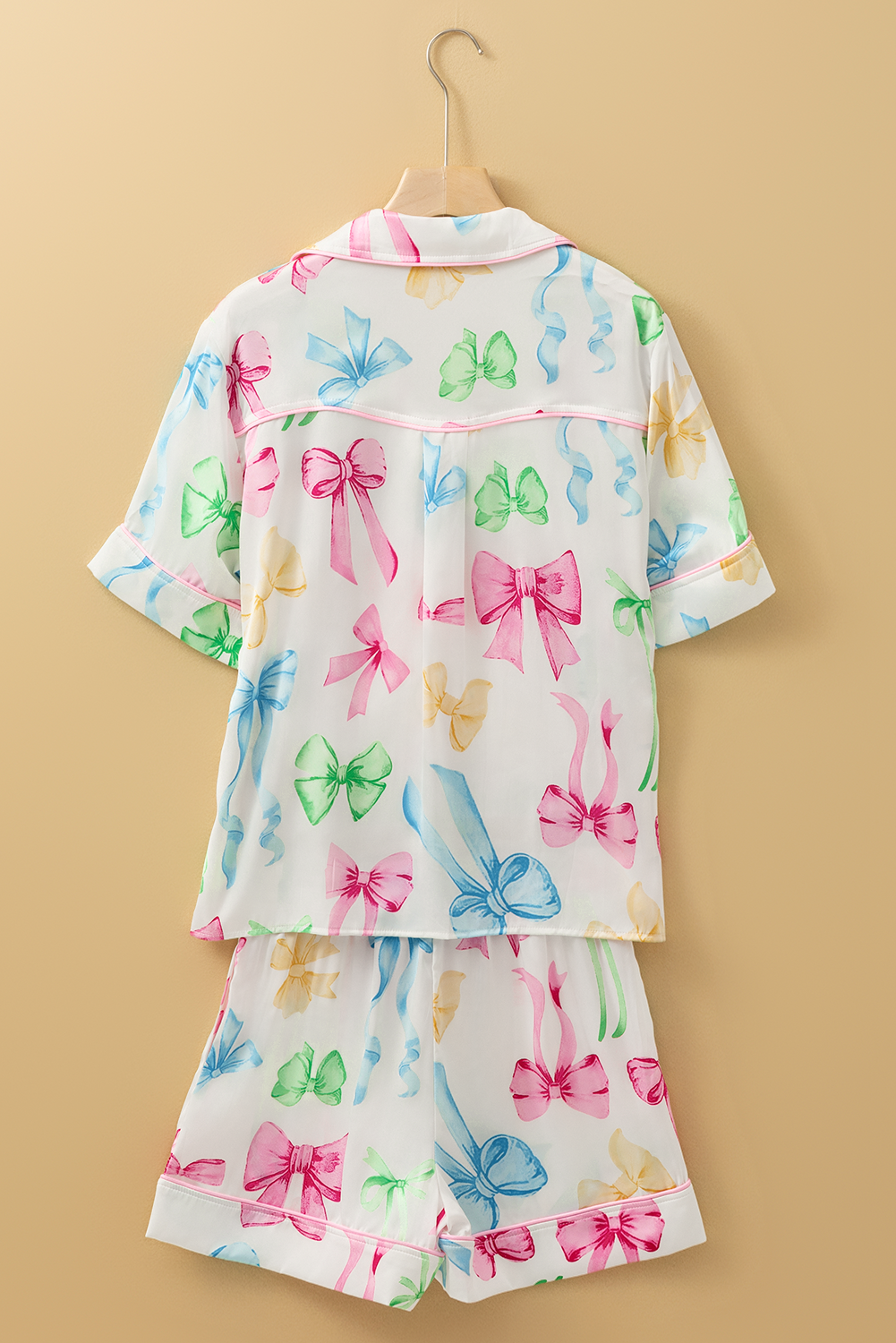 White Bowknot Print Buttoned Shirt High Waist Shorts Pyjama Set eAura
