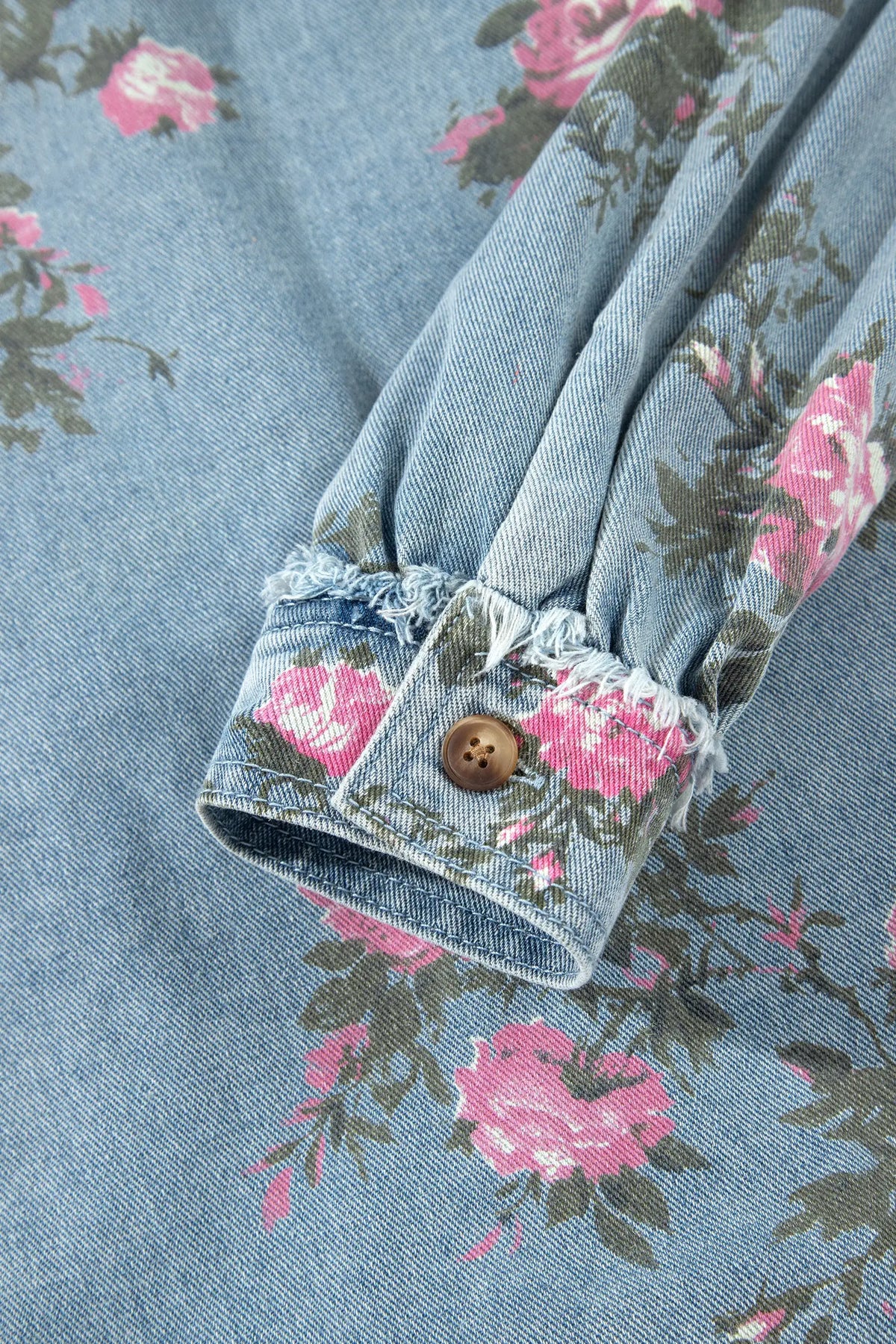 Sky Blue Floral Print Raw Seam Ruffle Hem Denim Jacket – Light Blue