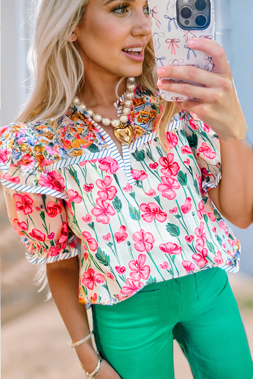 Pink Floral Print Striped Detail Split Neck Short Sleeve Blouse eAura