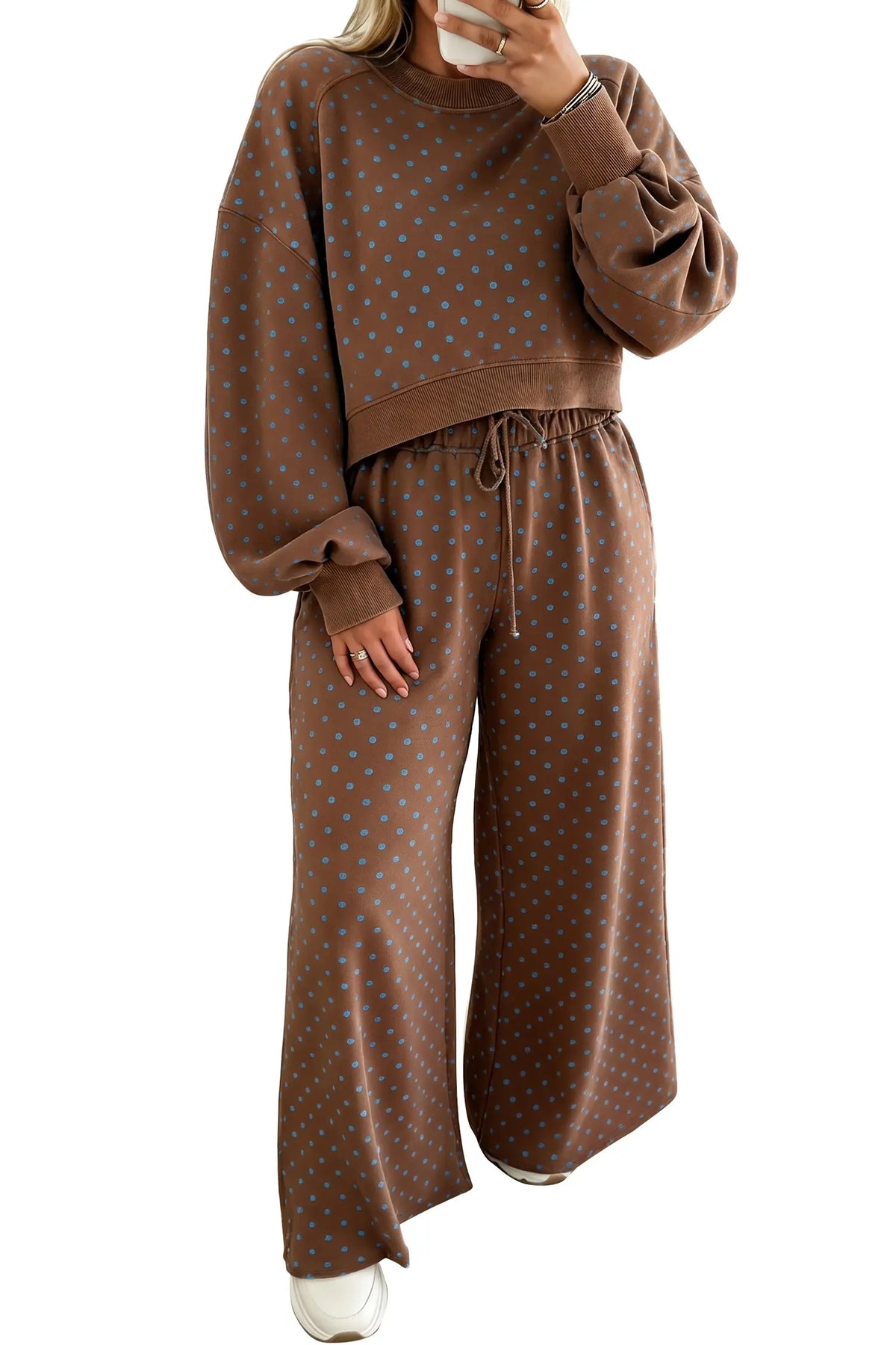 Polka Dot Round Neck Long Sleeve Plus Size Set – Brown
