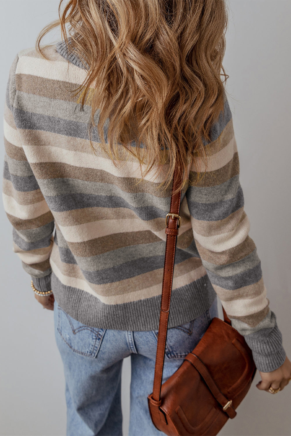 Grey Stripe Colour Block Ribbed Edge Round Neck Sweater eAura