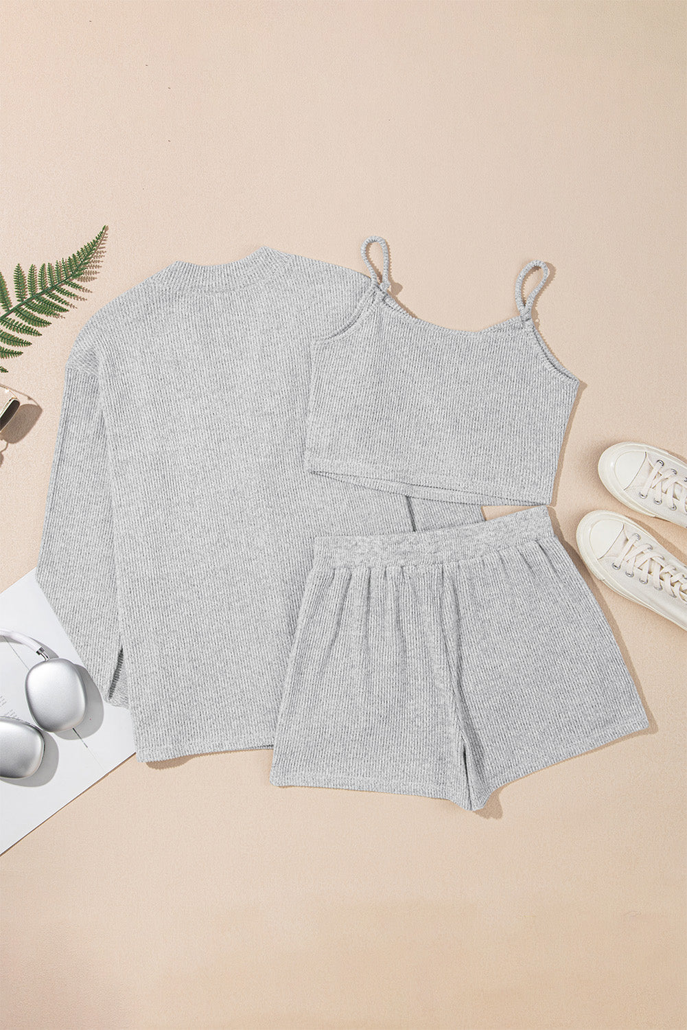 Light Grey 3 Pieces Rib Crop Camisole Matching Shorts Lounge Set with Cardigan eAura