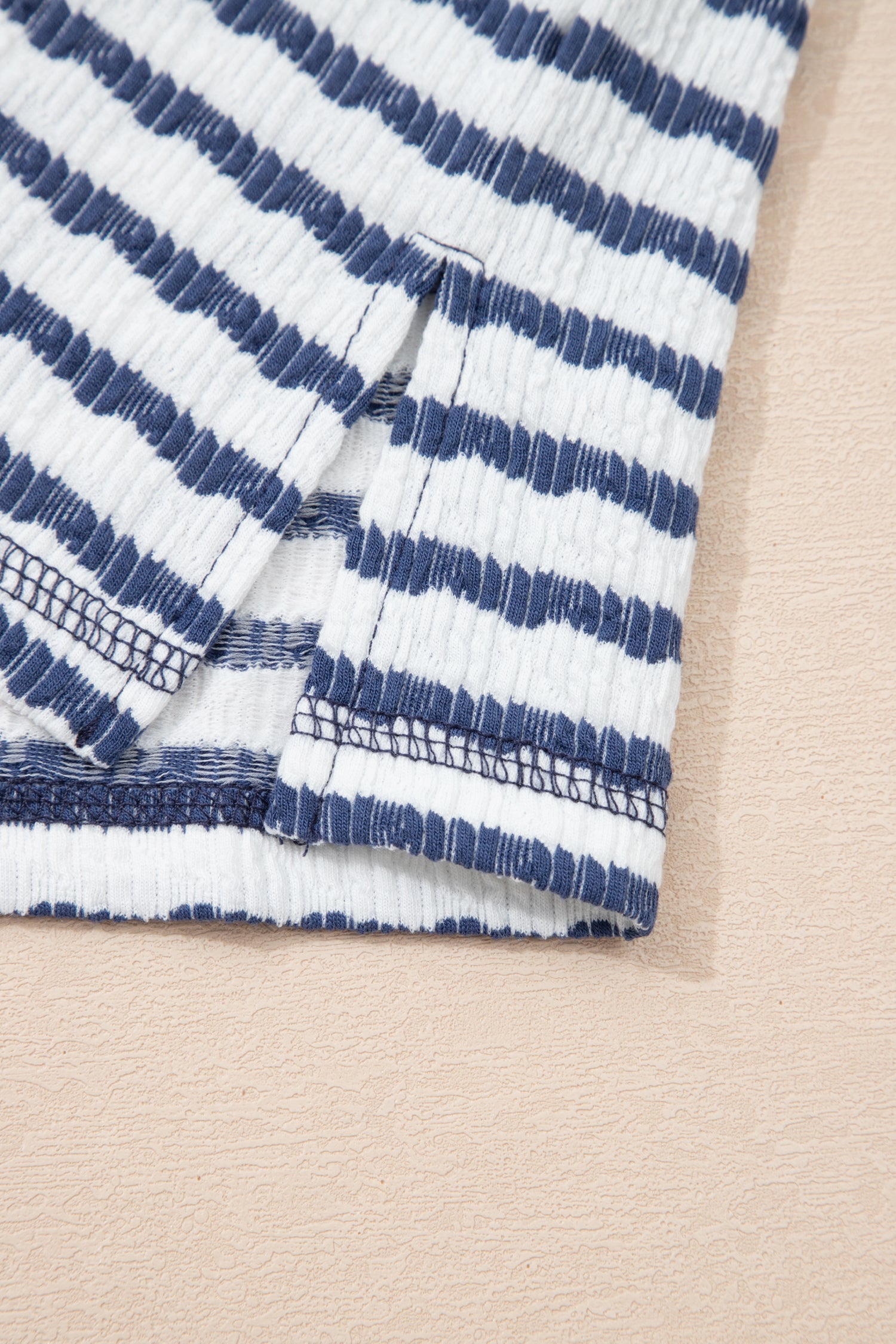 Striped Textured Knit Split Hem Half Sleeve Loose Top