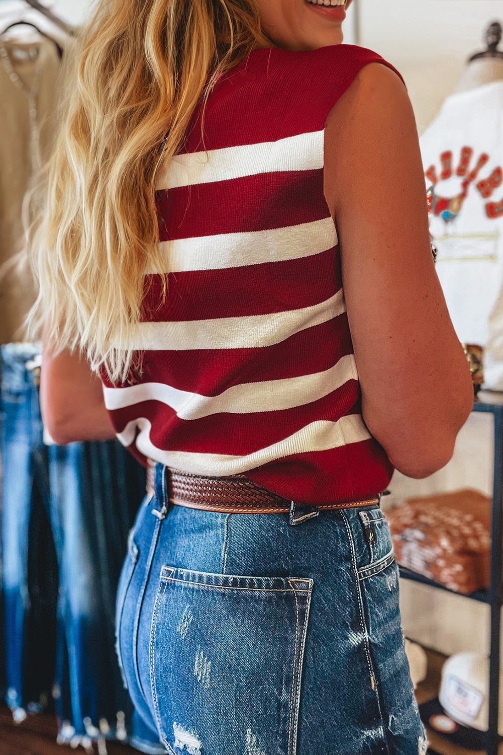 Red Stripe Collared Split Neck Sweater Vest eAura