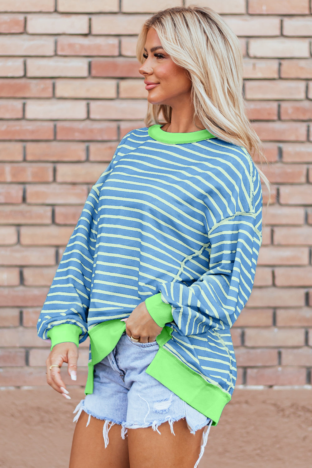 Pink Stripe Contrast Trim High Low Pullover Tunic Sweatshirt eAura